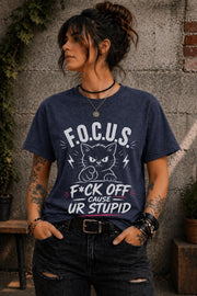Edgy woman in ripped jeans wearing humorous cat shirt lifestyle mockup