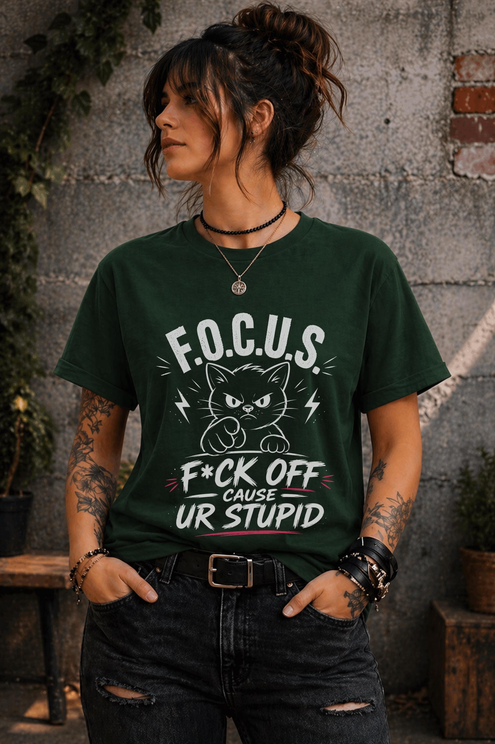 Edgy woman in ripped jeans wearing humorous cat shirt lifestyle mockup
