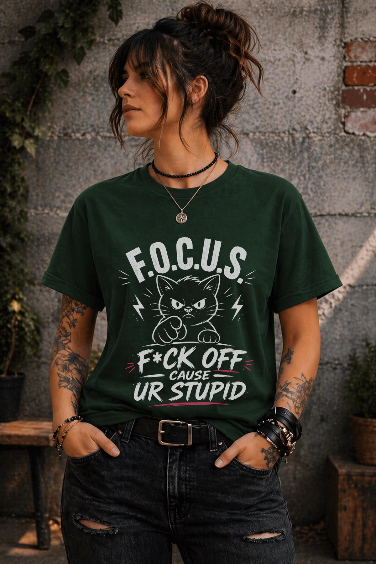 Edgy woman in ripped jeans wearing humorous cat shirt lifestyle mockup