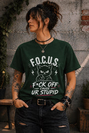 Edgy woman in ripped jeans wearing humorous cat shirt lifestyle mockup