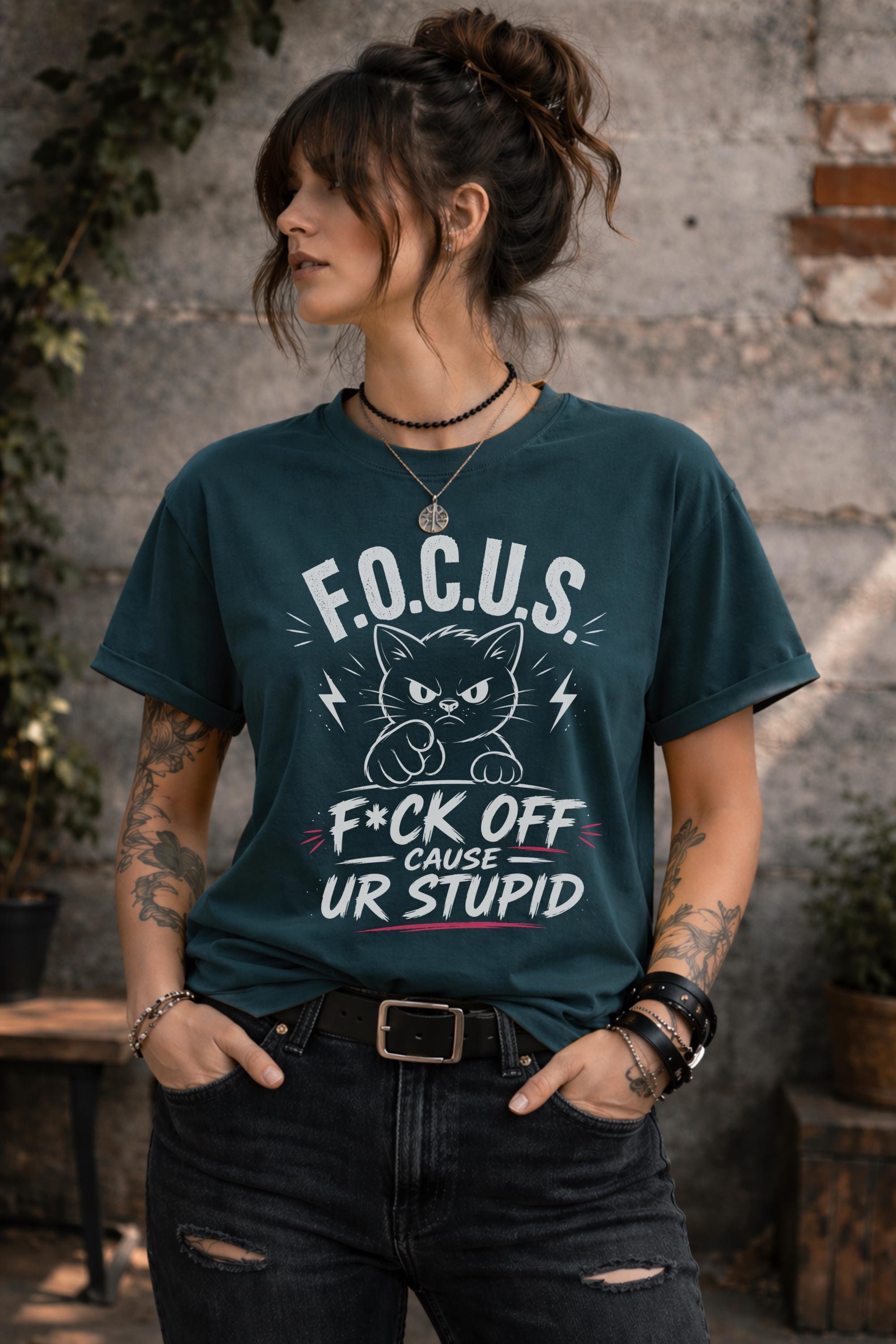 Woman wearing dark gray sarcastic cat graphic t-shirt with bold funny text outdoors