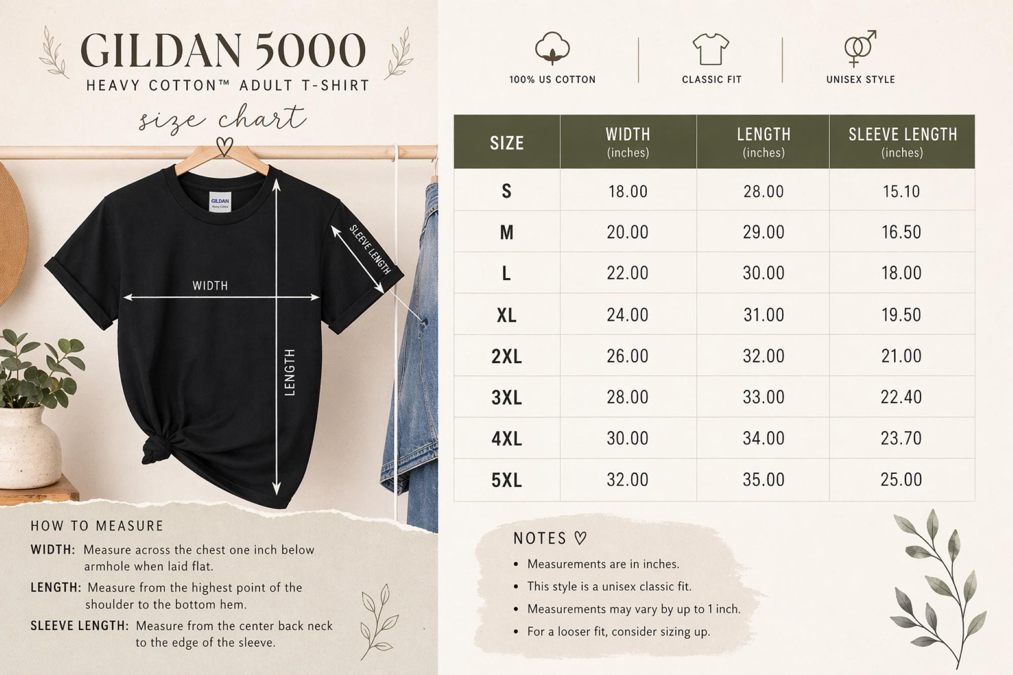 Gildan 5000 unisex t shirt size chart with measurements width length sleeve size guide S to 5XL