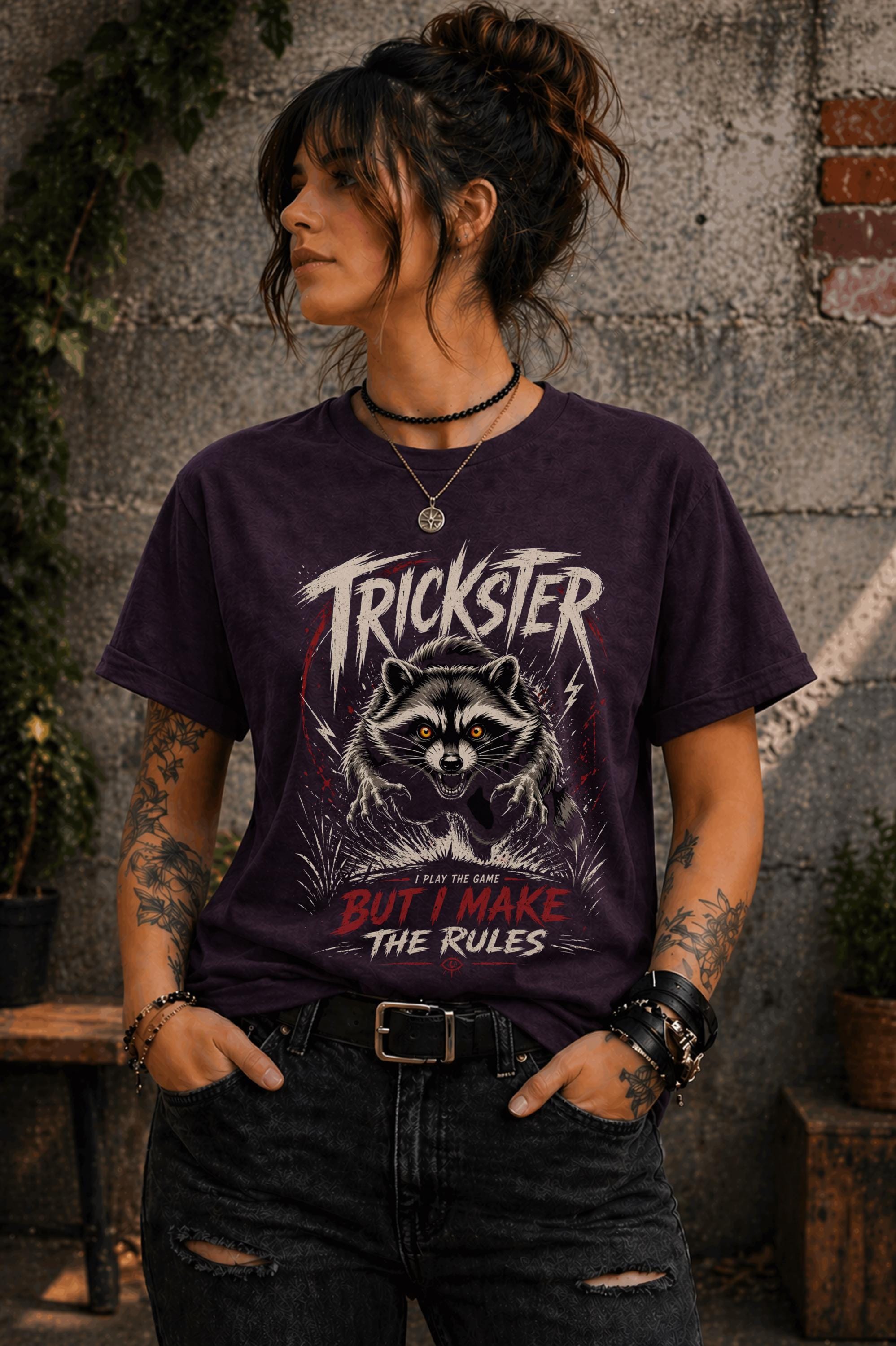Dark aesthetic animal shirt with glowing eyes raccoon design lifestyle mockup