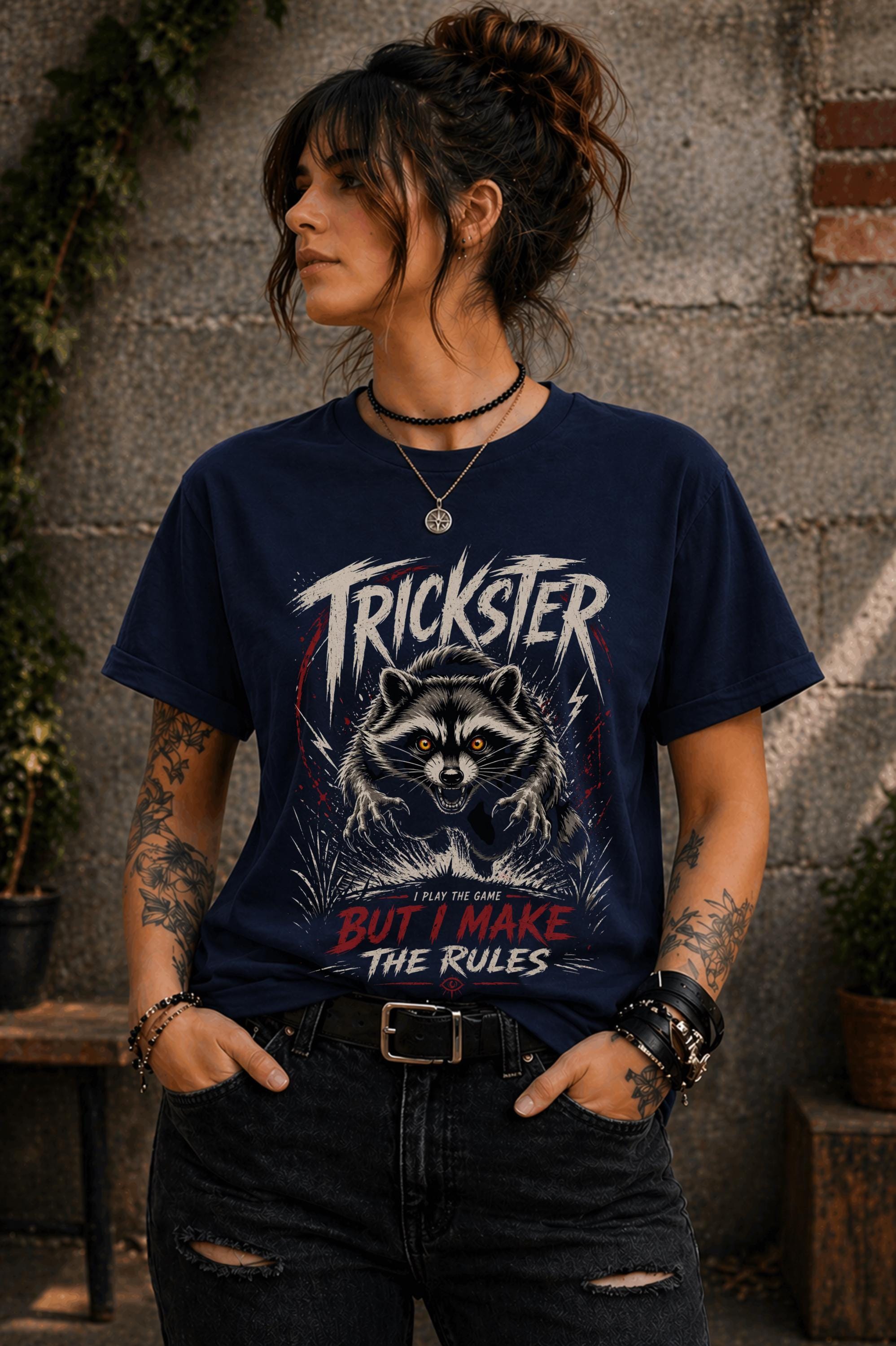 Close up of edgy raccoon illustration with bold text on dark aesthetic shirt
