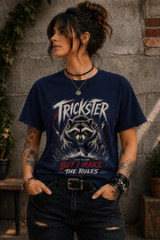 Close up of edgy raccoon illustration with bold text on dark aesthetic shirt