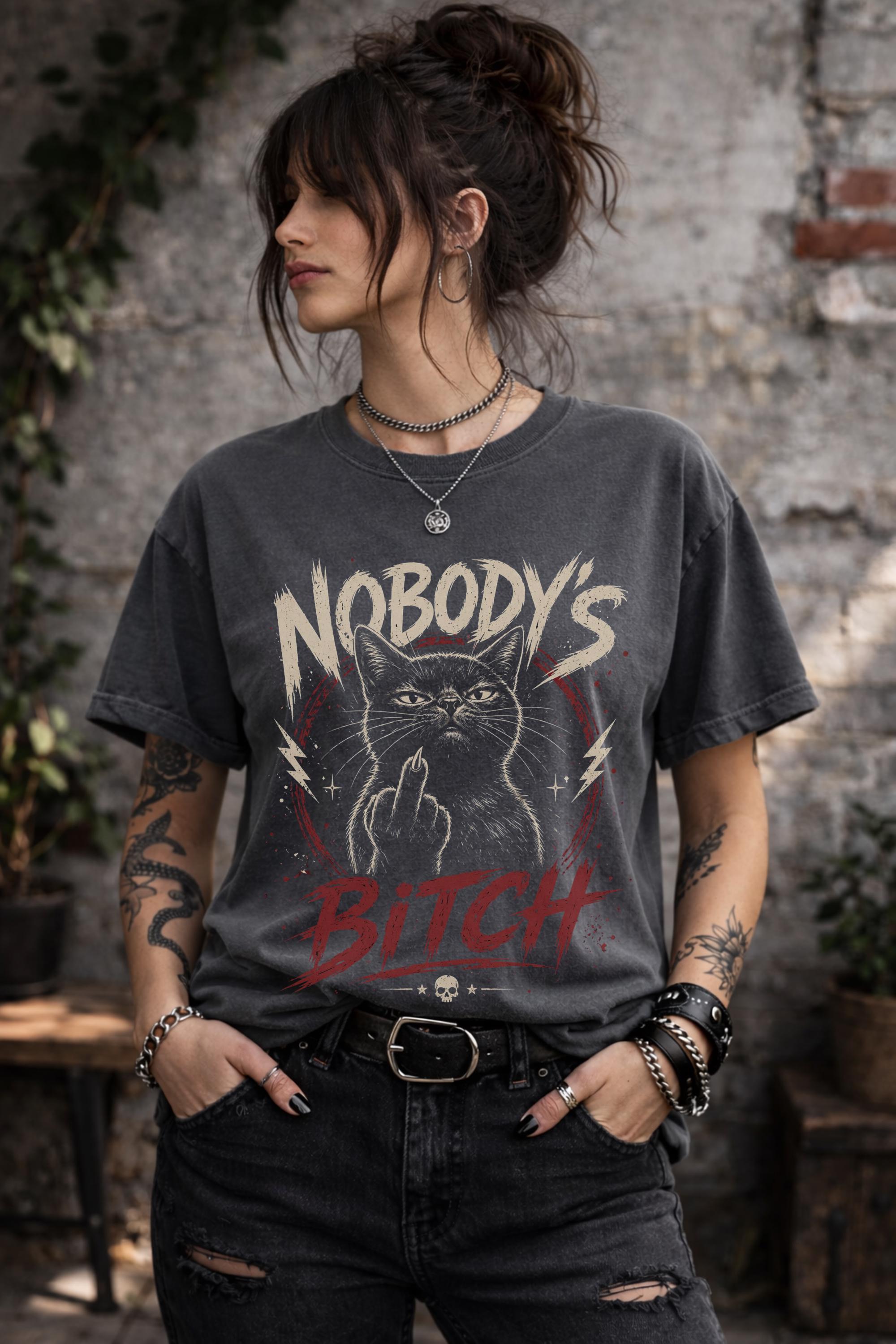 Close up of edgy cat illustration flipping off with bold text on dark shirt