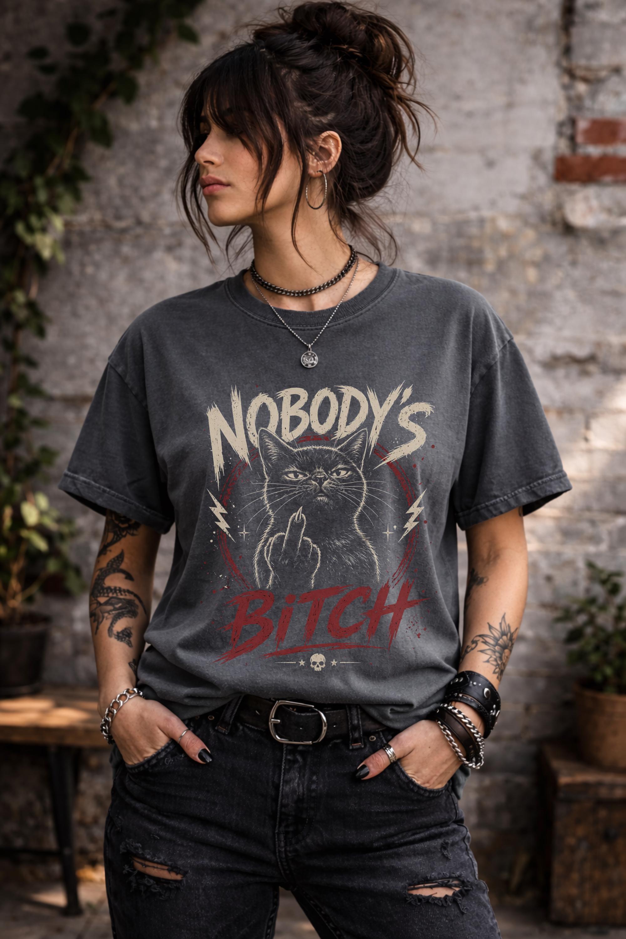 Close up of edgy cat illustration flipping off with bold text on dark shirt