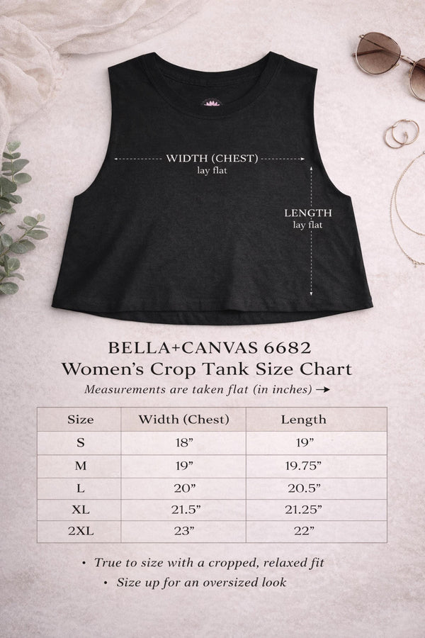 Womens crop tank top size chart Bella Canvas 6682 with chest width and length measurements for S M L XL 2XL sizes