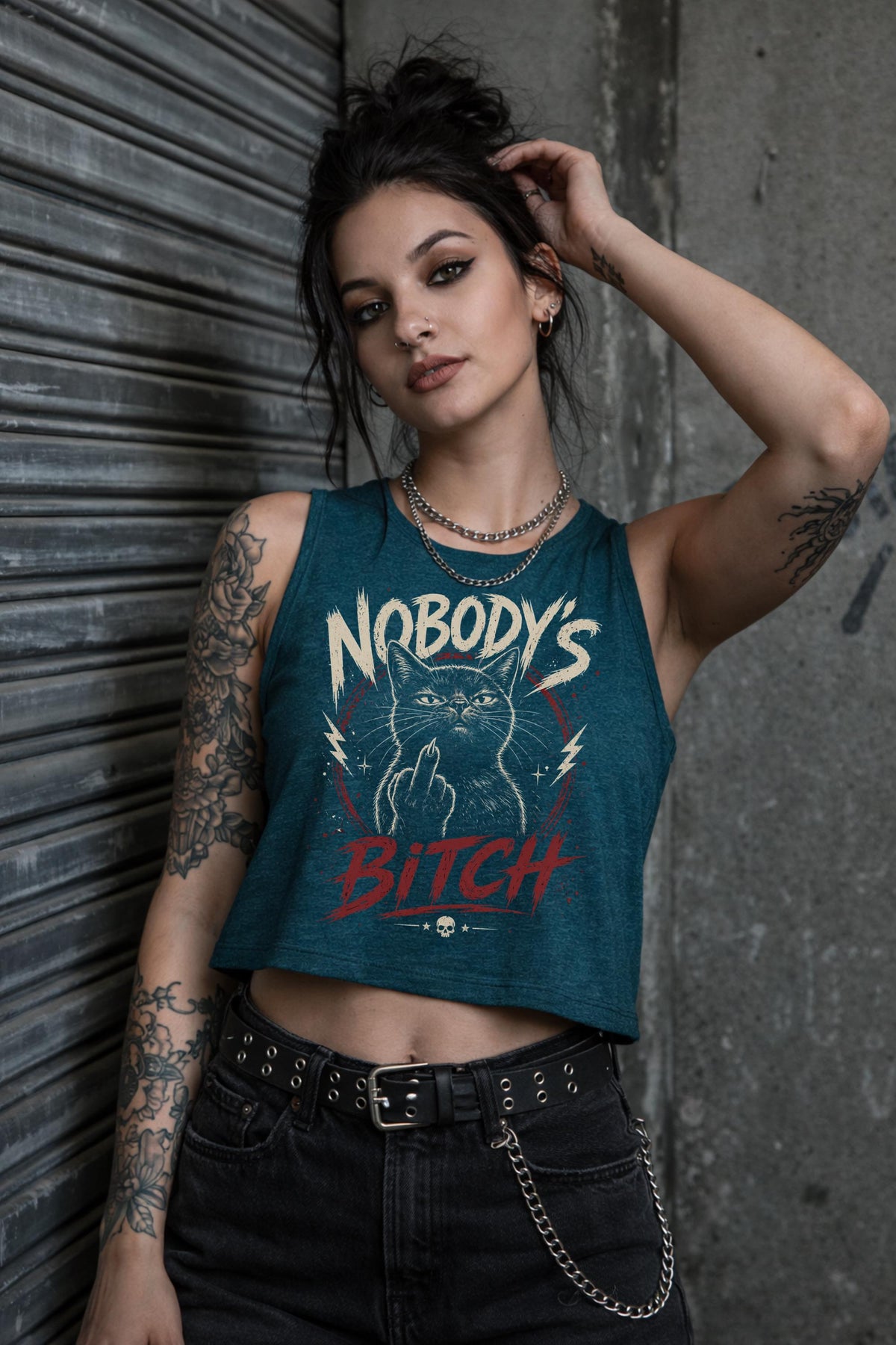 Dark aesthetic cropped shirt with rebellious cat graphic and bold slogan