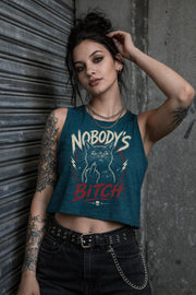 Dark aesthetic cropped shirt with rebellious cat graphic and bold slogan