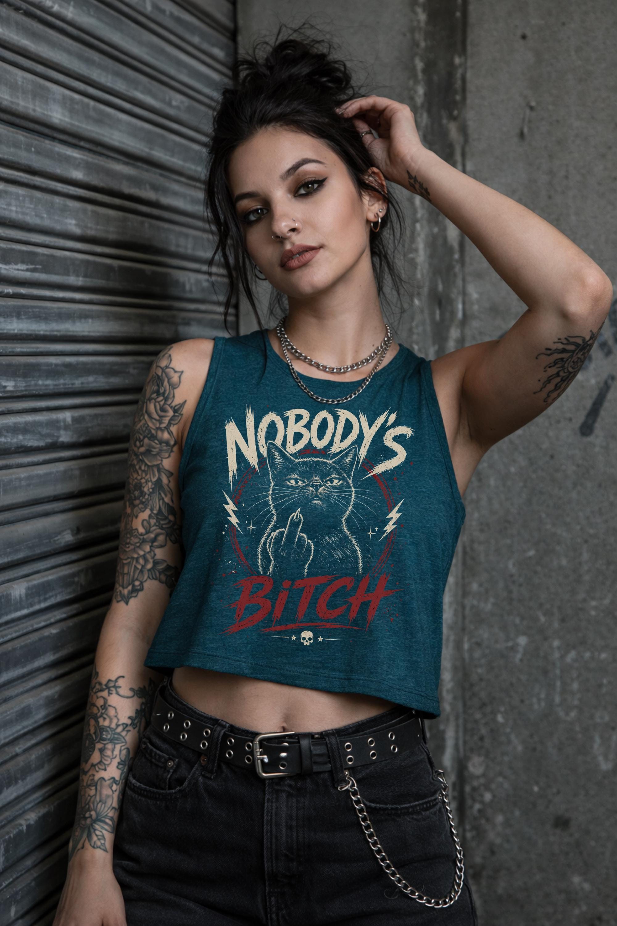 Dark aesthetic cropped shirt with rebellious cat graphic and bold slogan