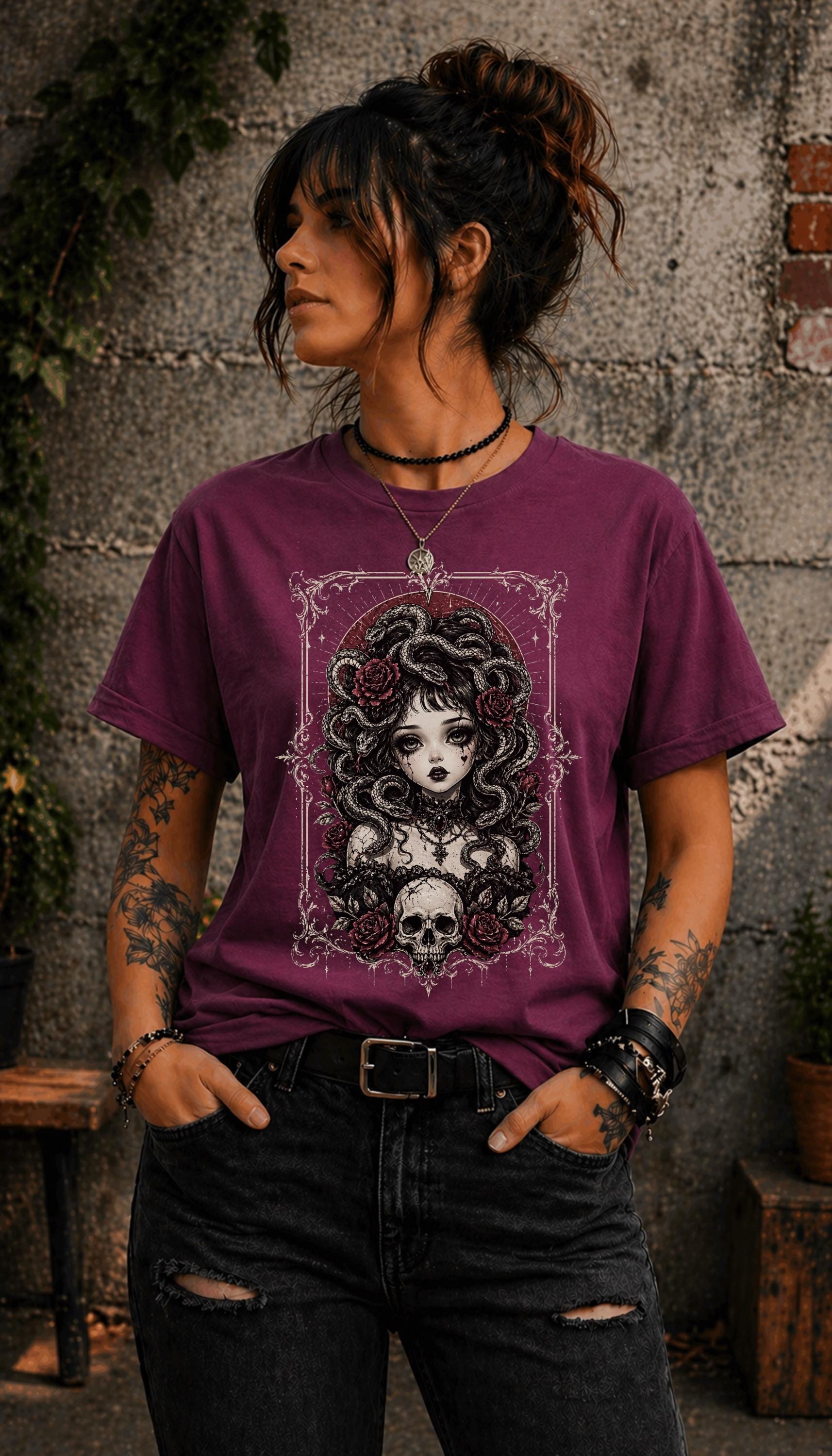 Dark academia outfit with edgy medusa graphic tee and black jeans lifestyle mockup