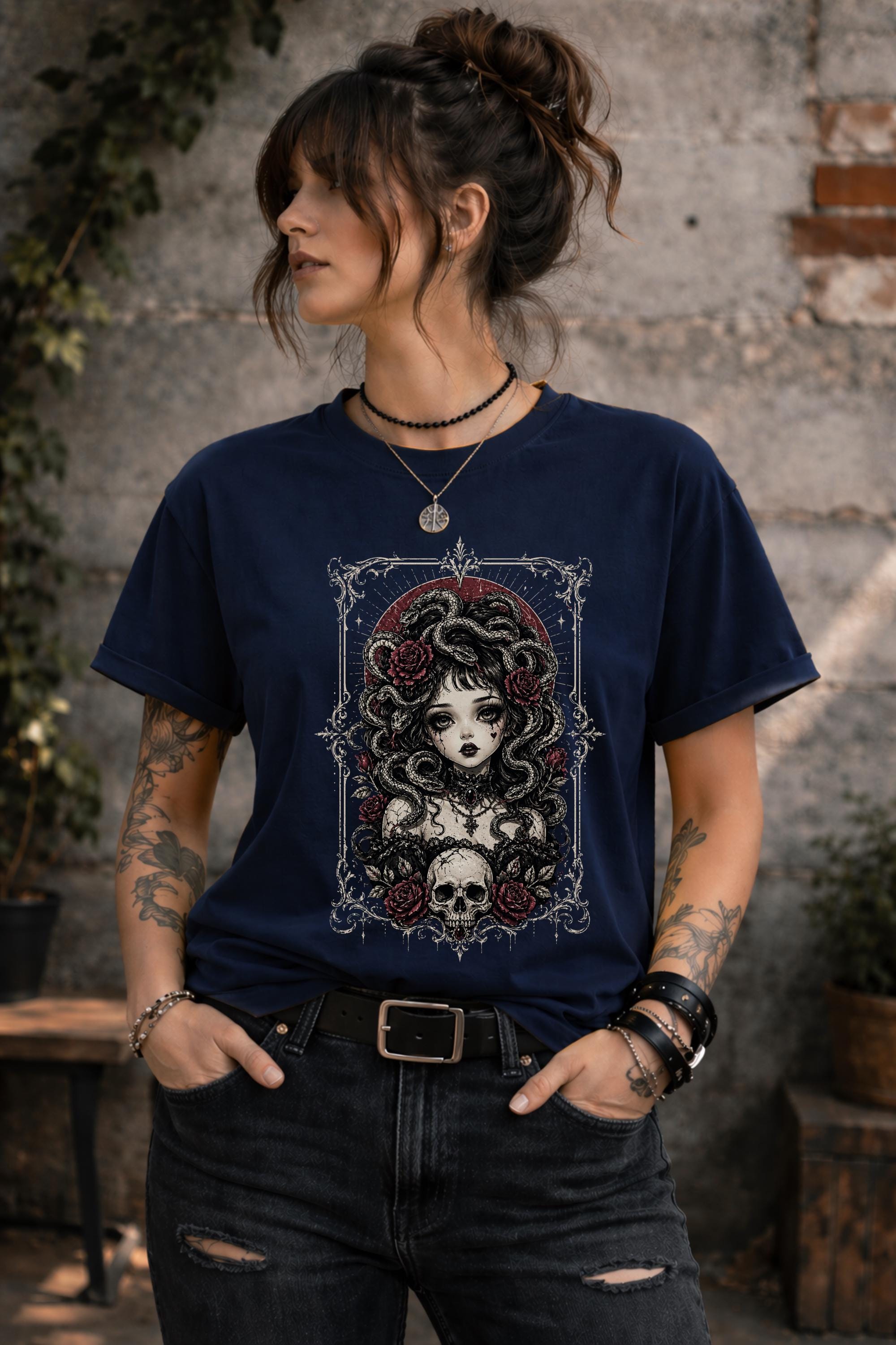 Dark academia outfit with edgy medusa graphic tee and black jeans lifestyle mockup