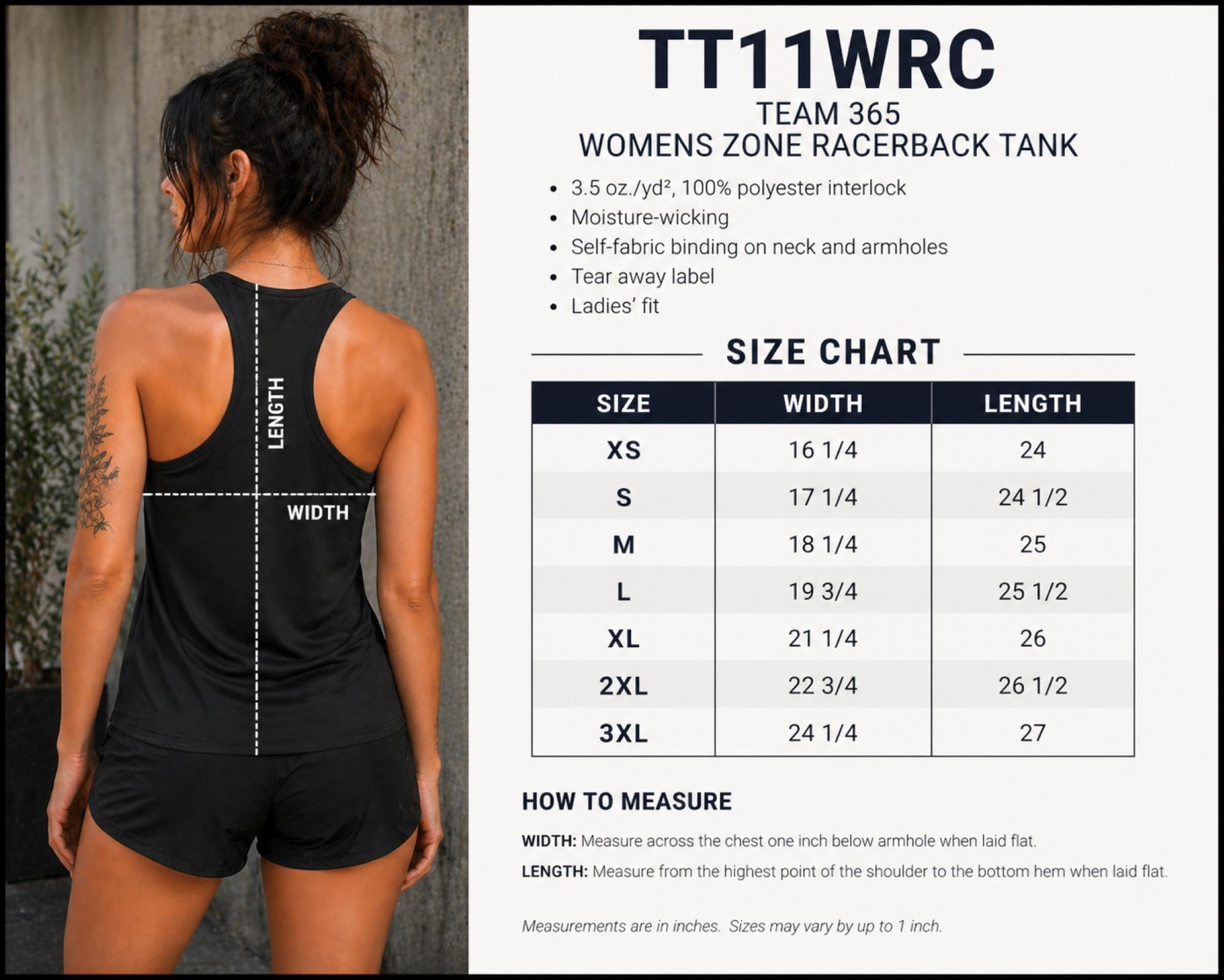 Womens racerback tank size chart Team 365 TT11WRC with sizing measurements XS to 3XL width and length