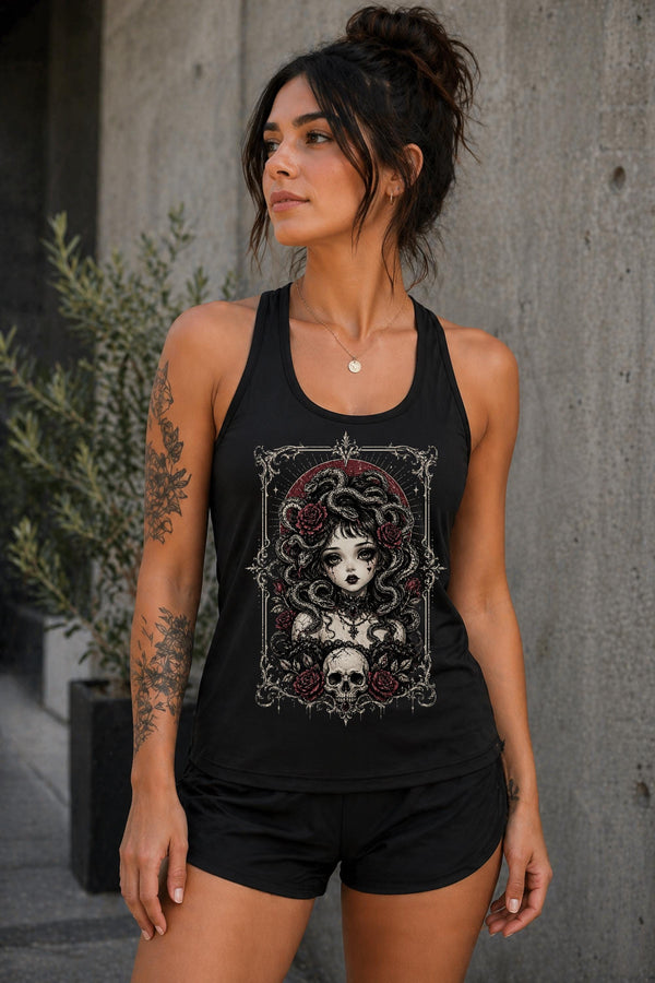 Trendy womens racerback tank with black art Medusa graphic and rose accents