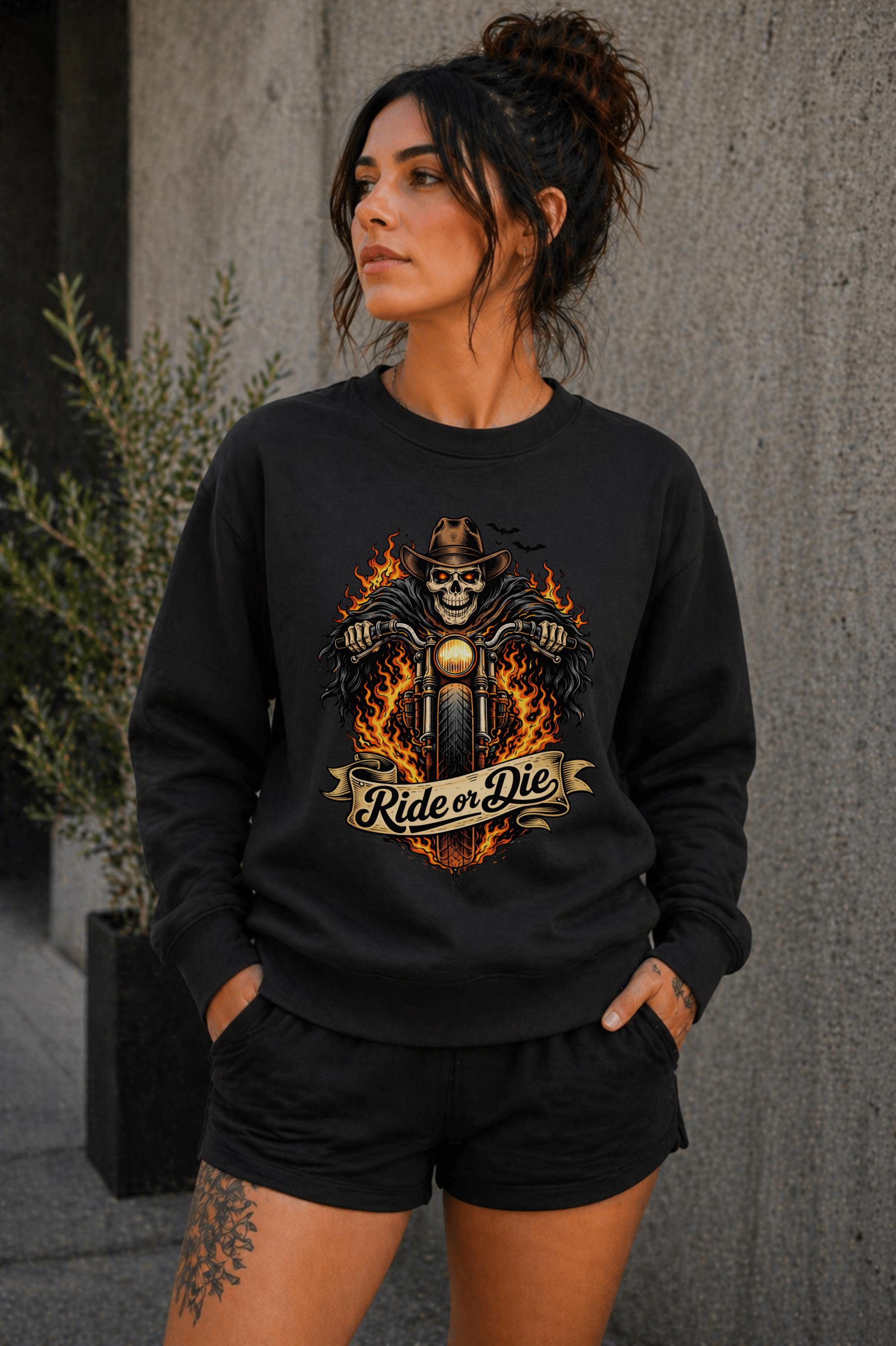 Woman wearing navy biker graphic shirt with skull motorcycle ride or die design