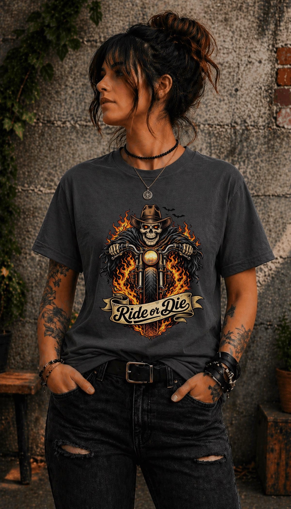 Edgy outfit with motorcycle graphic tee and ripped jeans lifestyle mockup