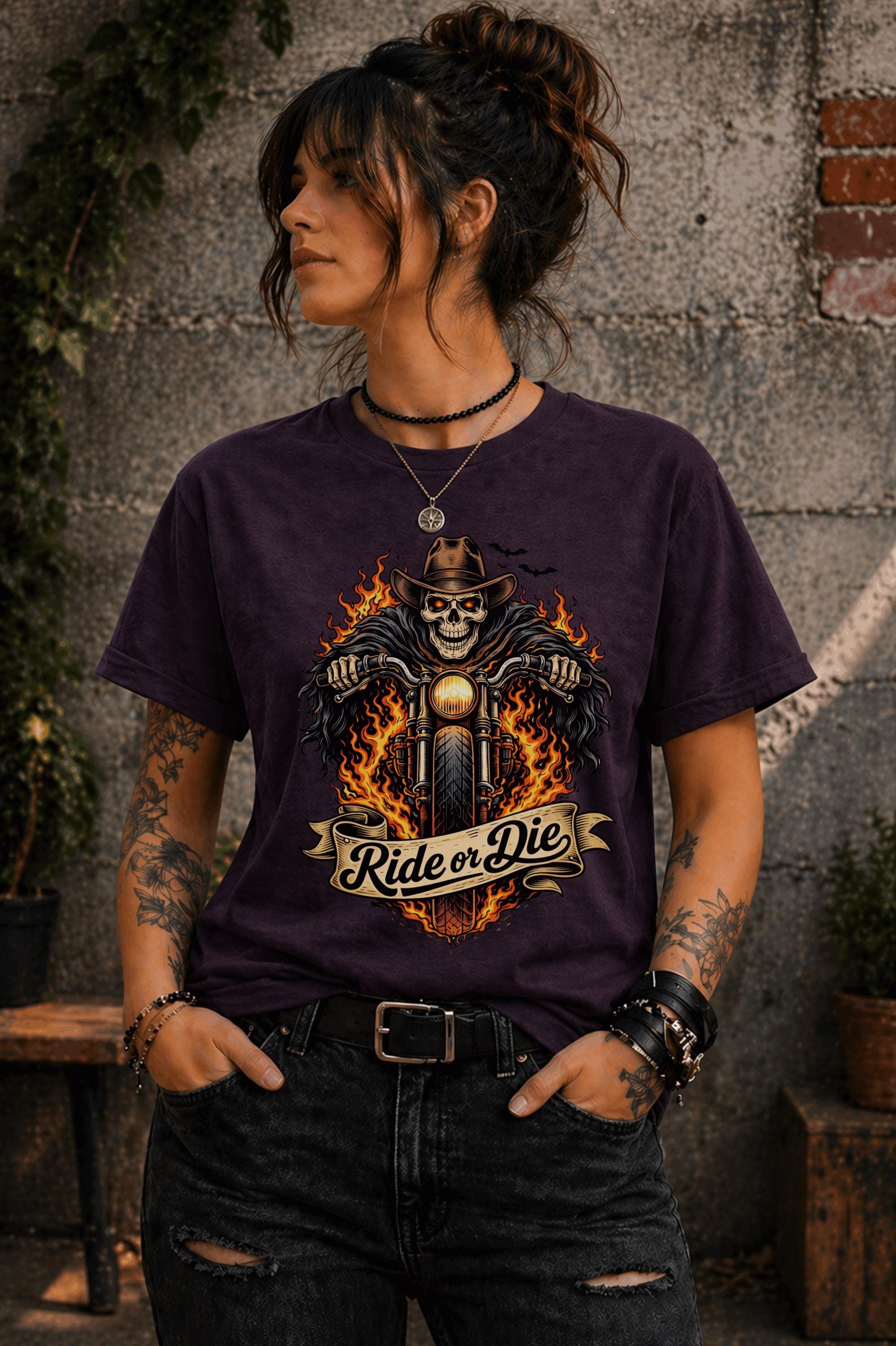 Edgy outfit with motorcycle graphic tee and ripped jeans lifestyle mockup