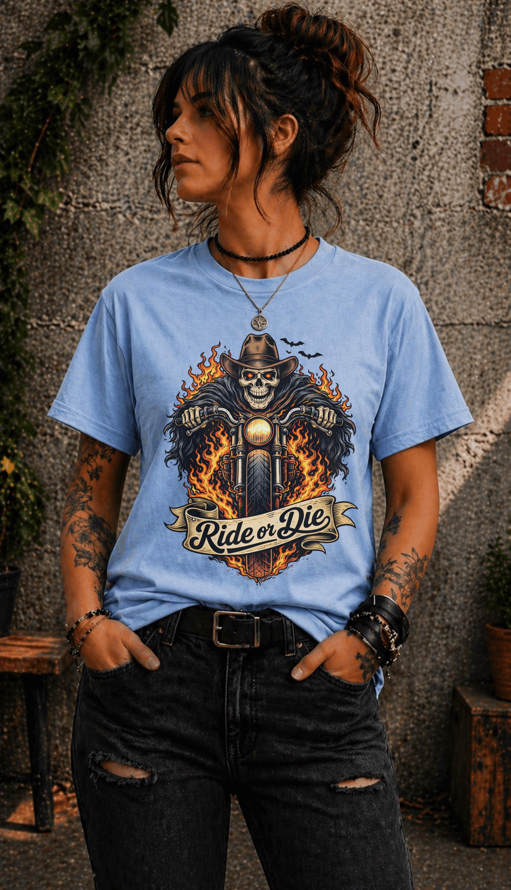 Edgy outfit with motorcycle graphic tee and ripped jeans lifestyle mockup