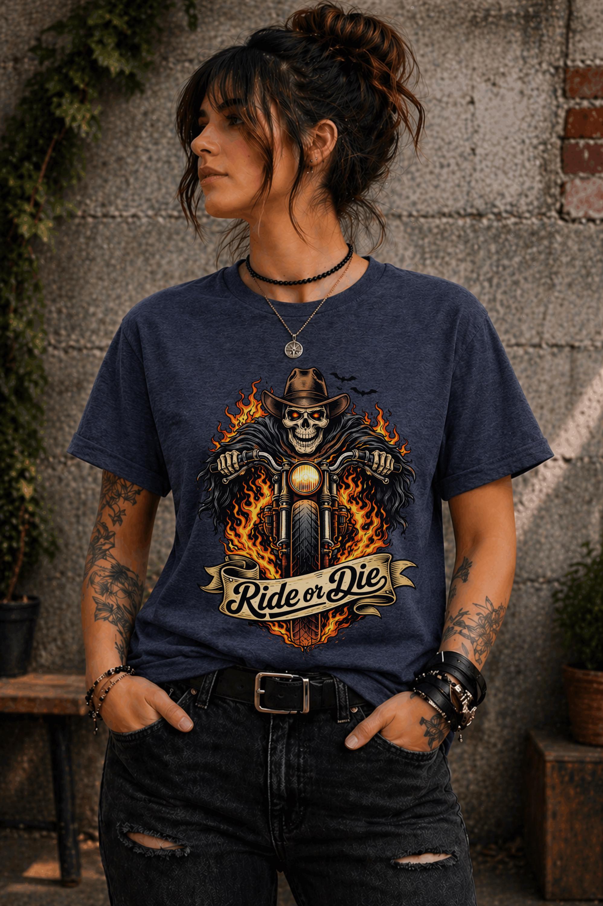 Edgy outfit with motorcycle graphic tee and ripped jeans lifestyle mockup