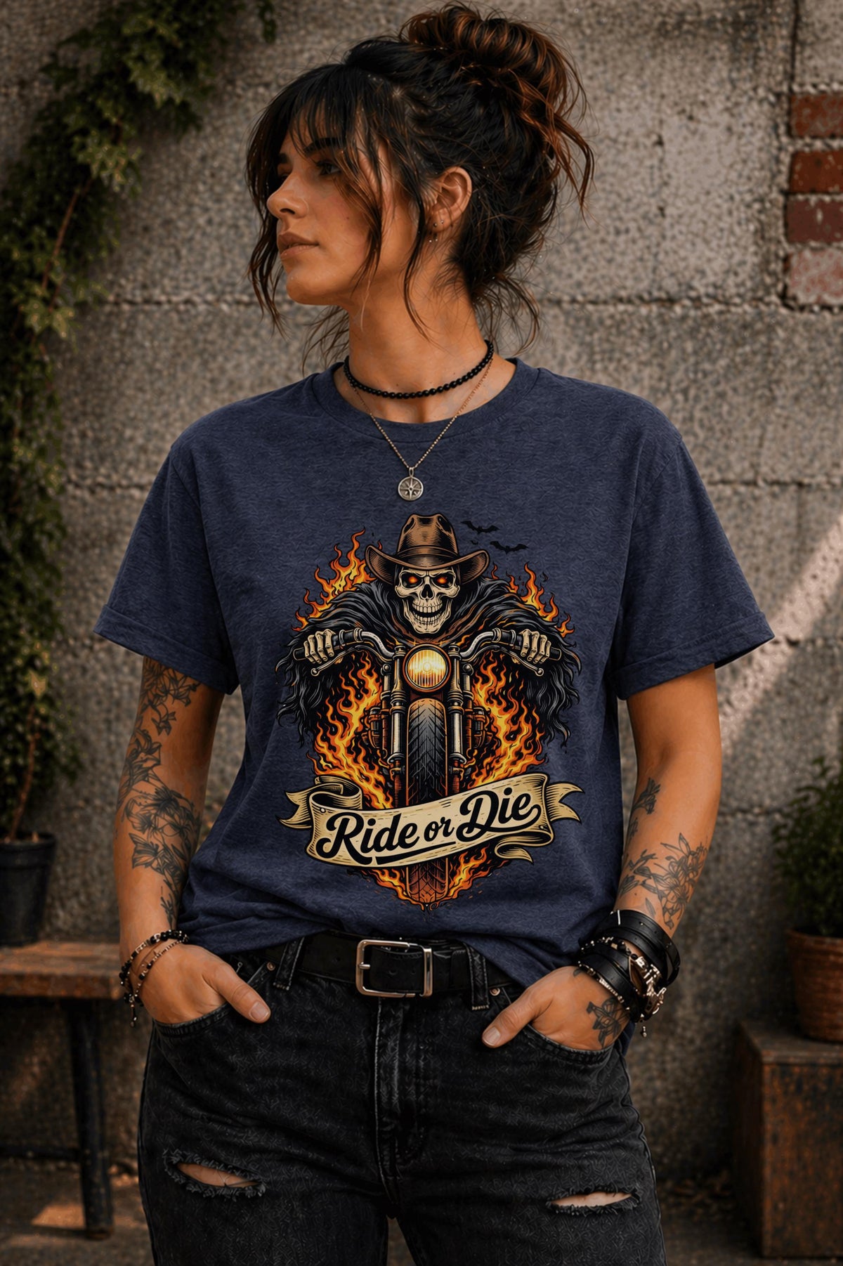 Edgy outfit with motorcycle graphic tee and ripped jeans lifestyle mockup