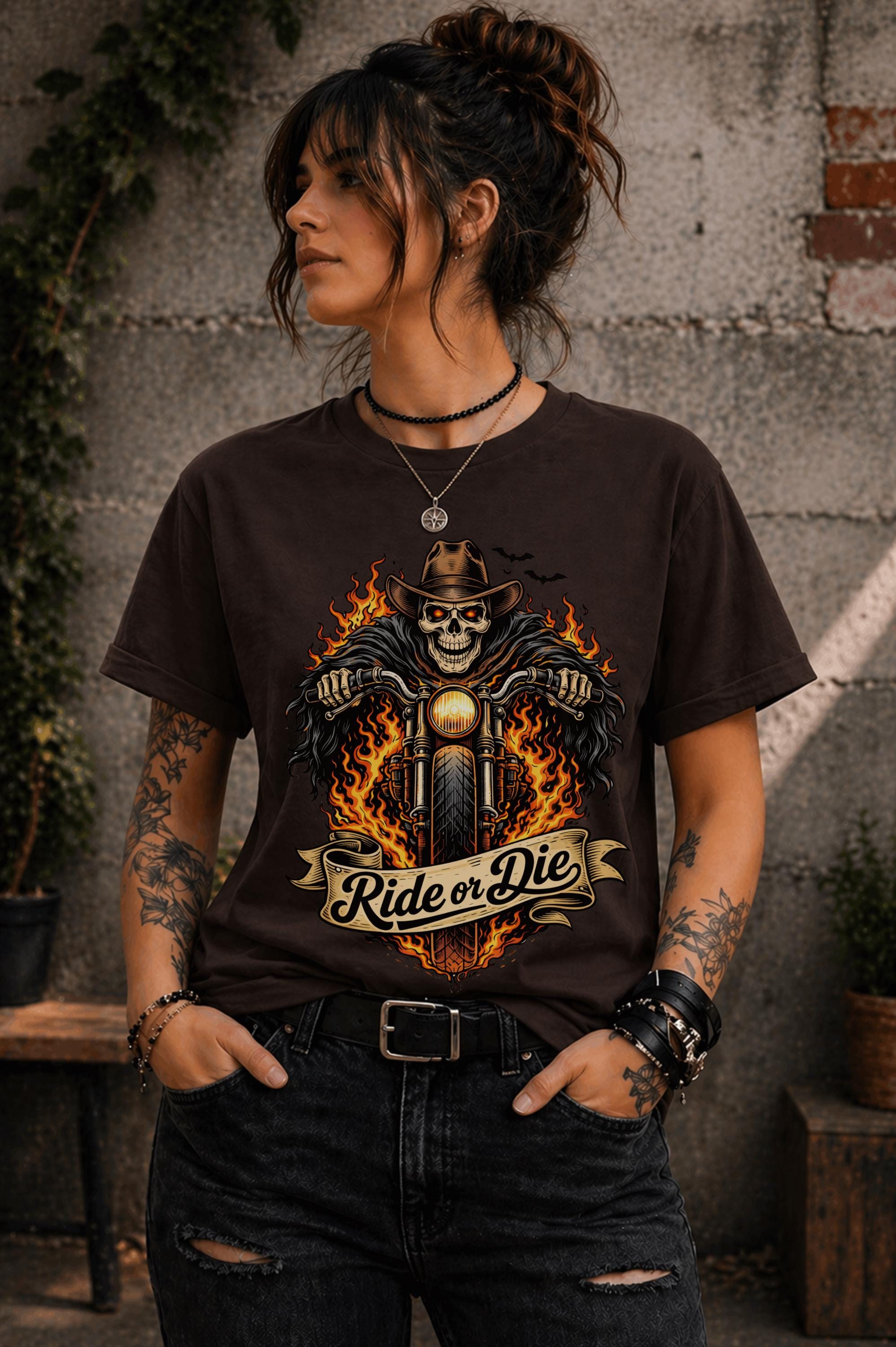 Edgy outfit with motorcycle graphic tee and ripped jeans lifestyle mockup