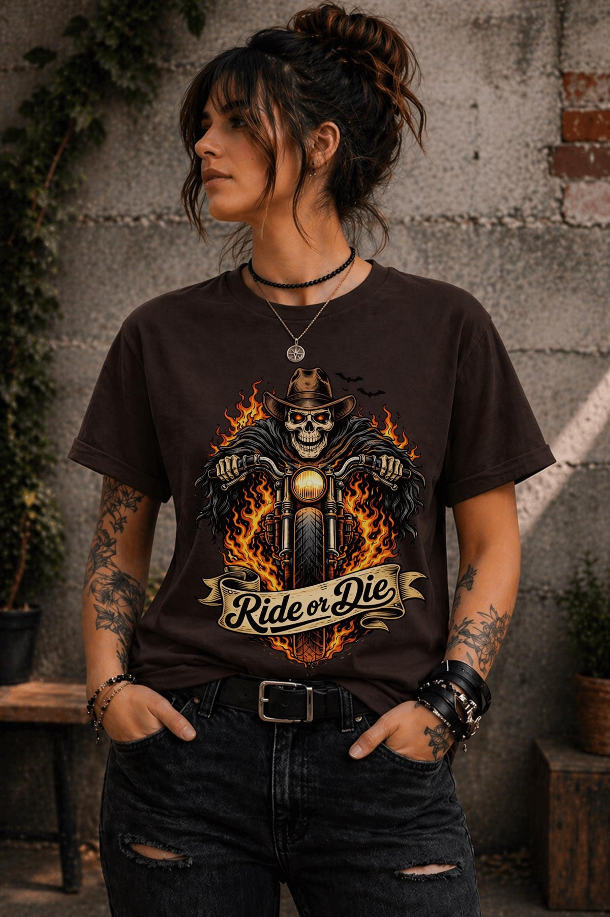 Edgy outfit with motorcycle graphic tee and ripped jeans lifestyle mockup
