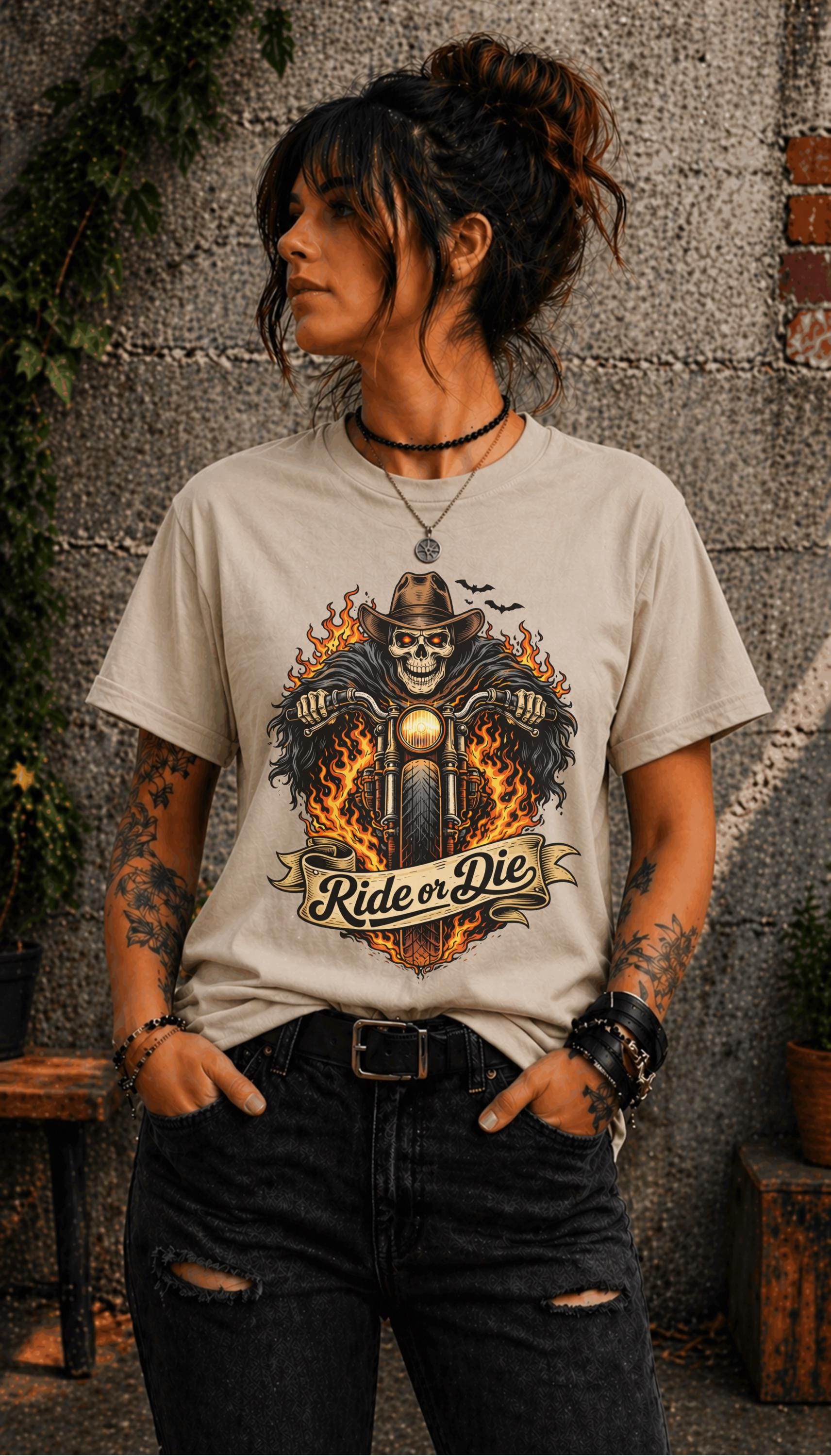 Woman wearing navy blue graphic t-shirt featuring flaming skull riding motorcycle with “Ride or Die” text, edgy biker style outfit with dark aesthetic and grunge fashion vibe