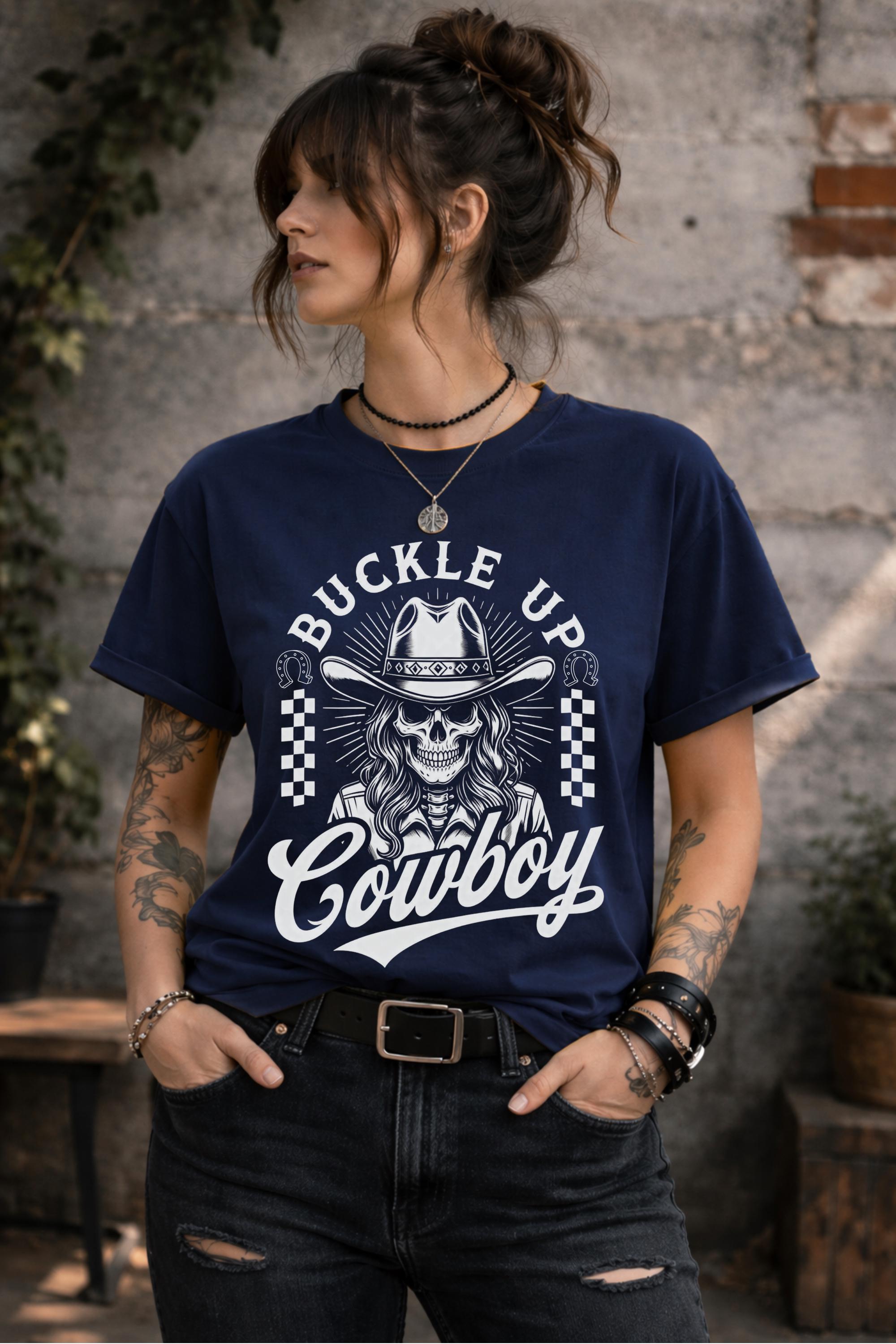Dark western aesthetic shirt with buckle up cowboy slogan and vintage design