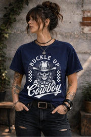 Dark western aesthetic shirt with buckle up cowboy slogan and vintage design