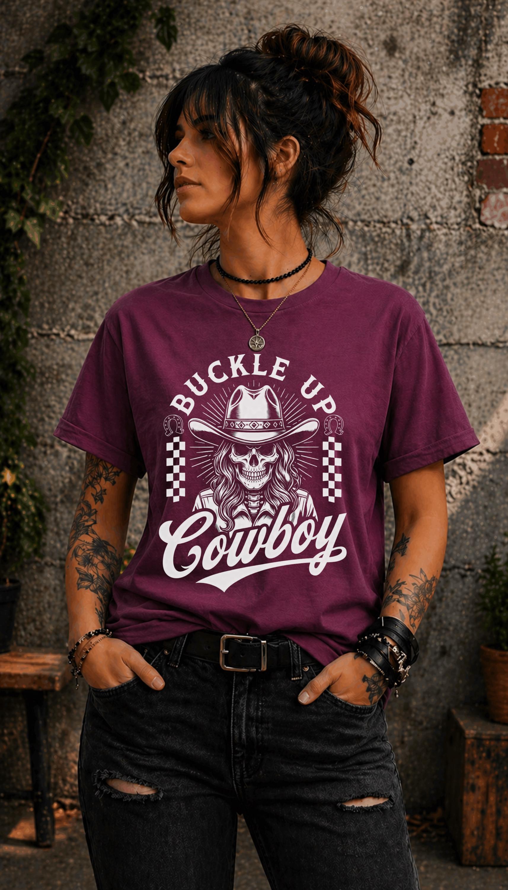 Dark western aesthetic shirt with buckle up cowboy slogan and vintage design