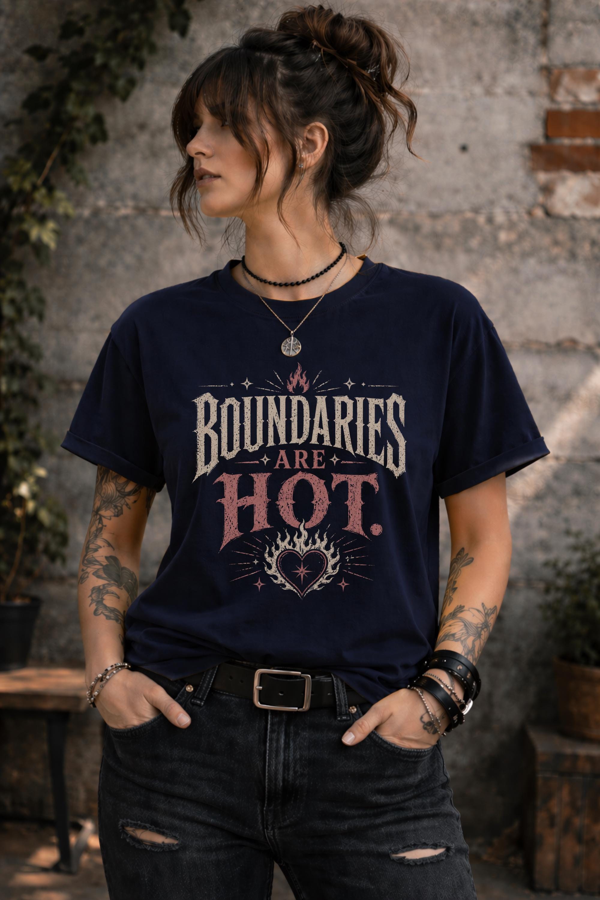 Boundaries Are Hot graphic tee worn by woman on beach, self love shirt with vintage style design
