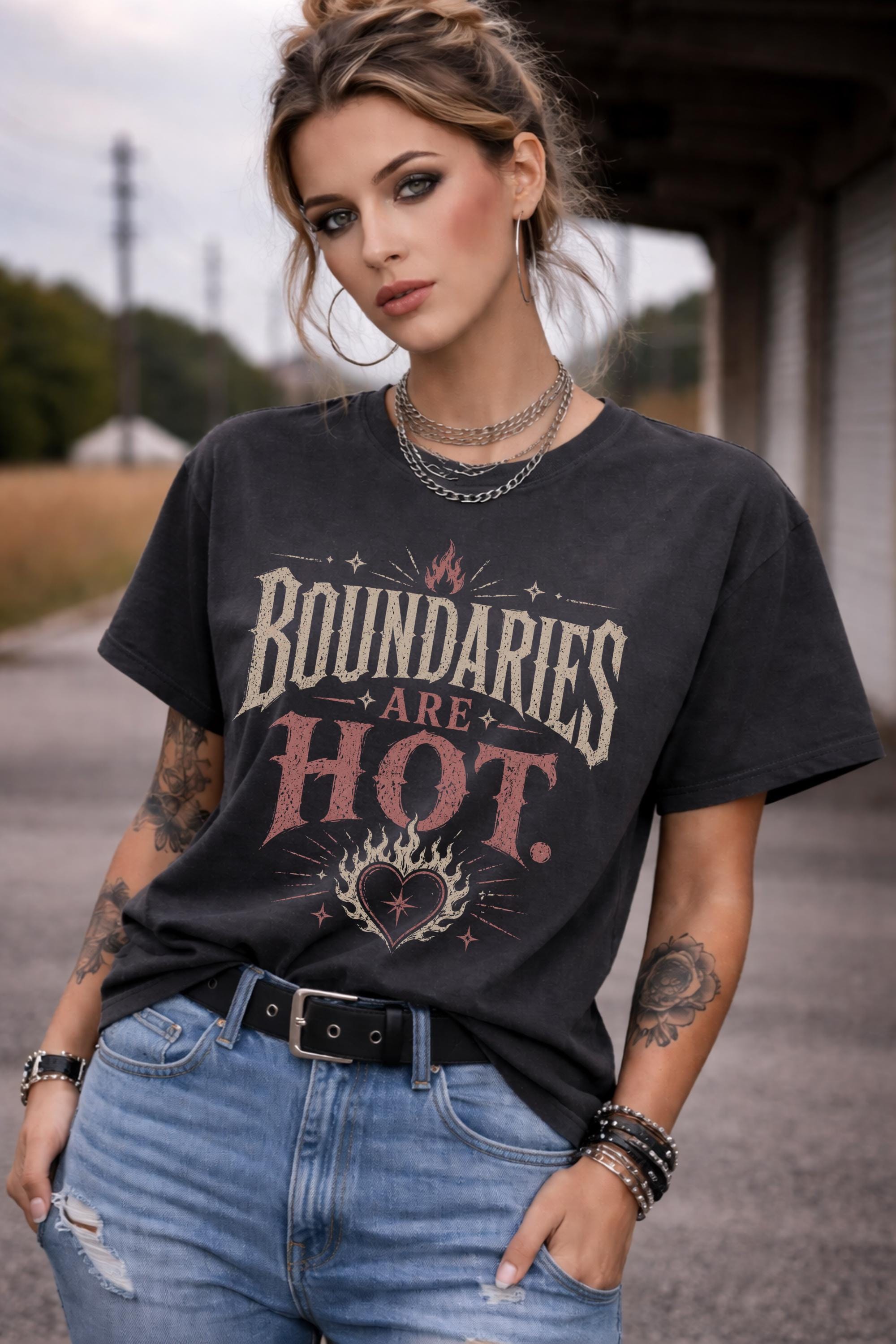 Boundaries Are Hot graphic tee worn by woman on beach, self love shirt with vintage style design