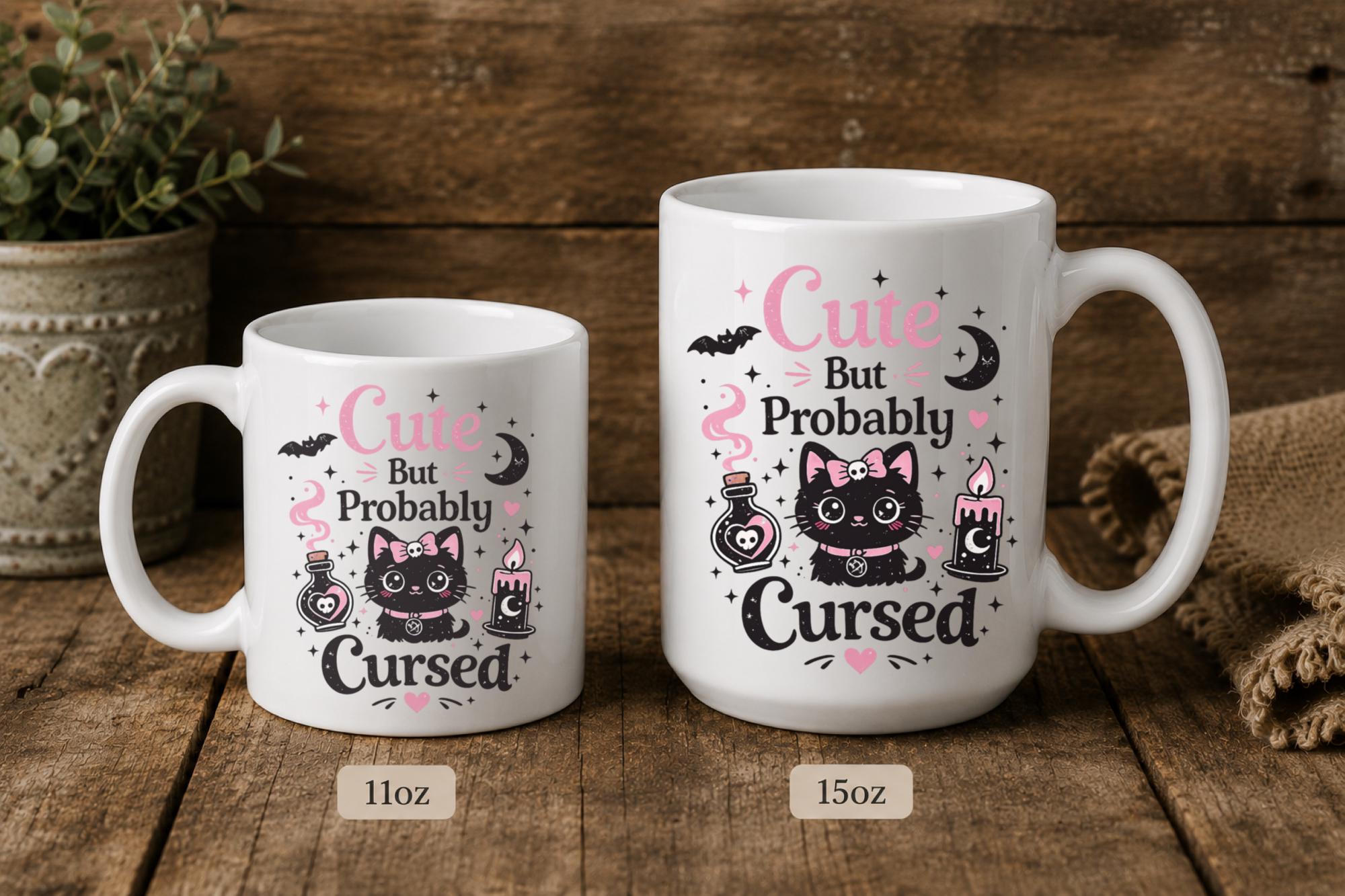 11oz and 15oz white ceramic mugs side by side showing Cute But Probably Cursed design size comparison