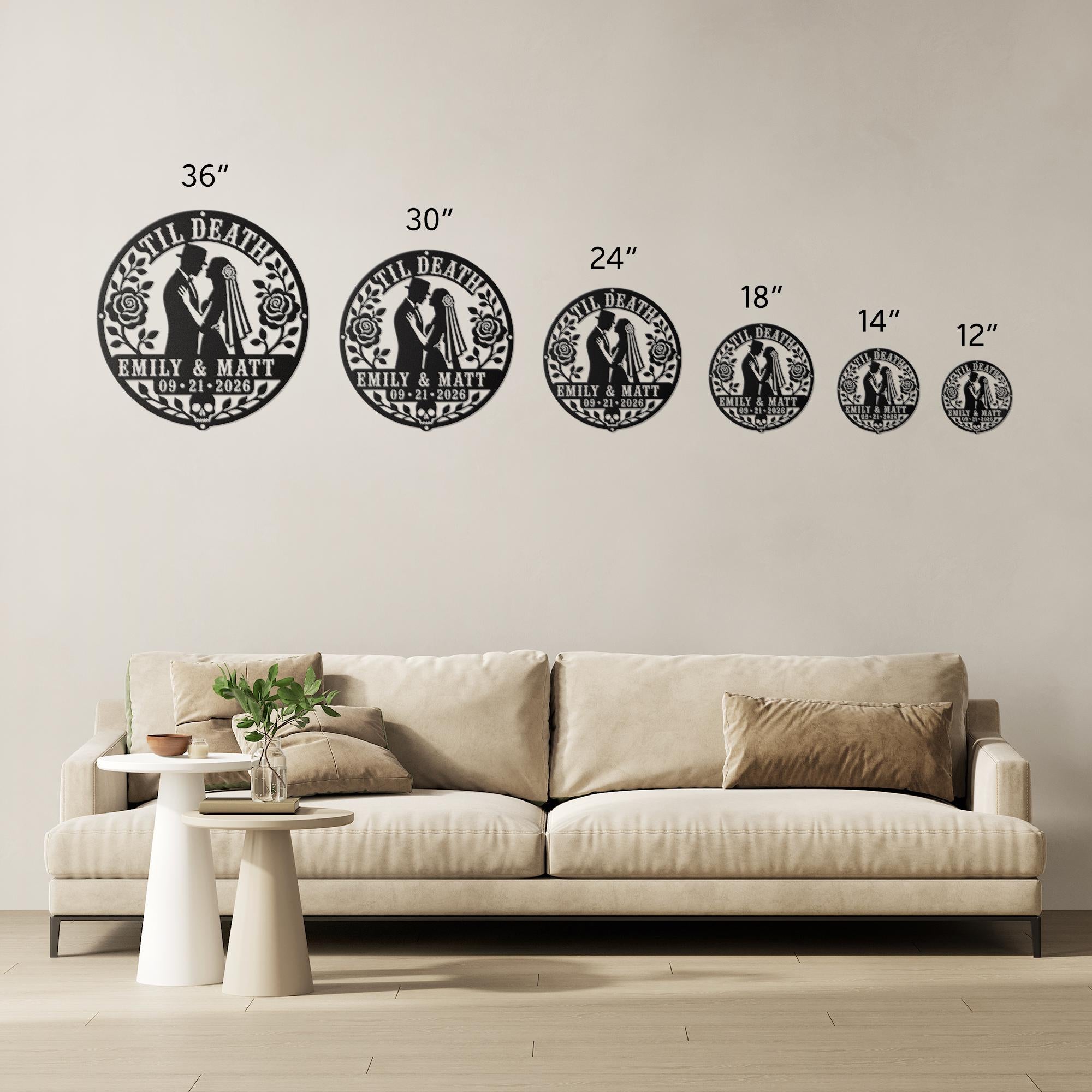 Gothic metal wall decor with til death couple design and custom names displayed above a rustic console with candles and skull accents