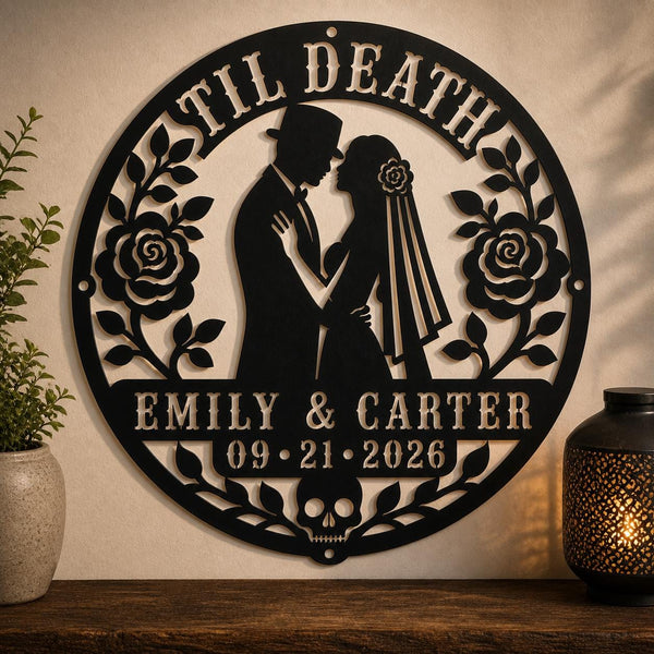 Gothic metal wall decor with til death couple design and custom names displayed above a rustic console with candles and skull accents