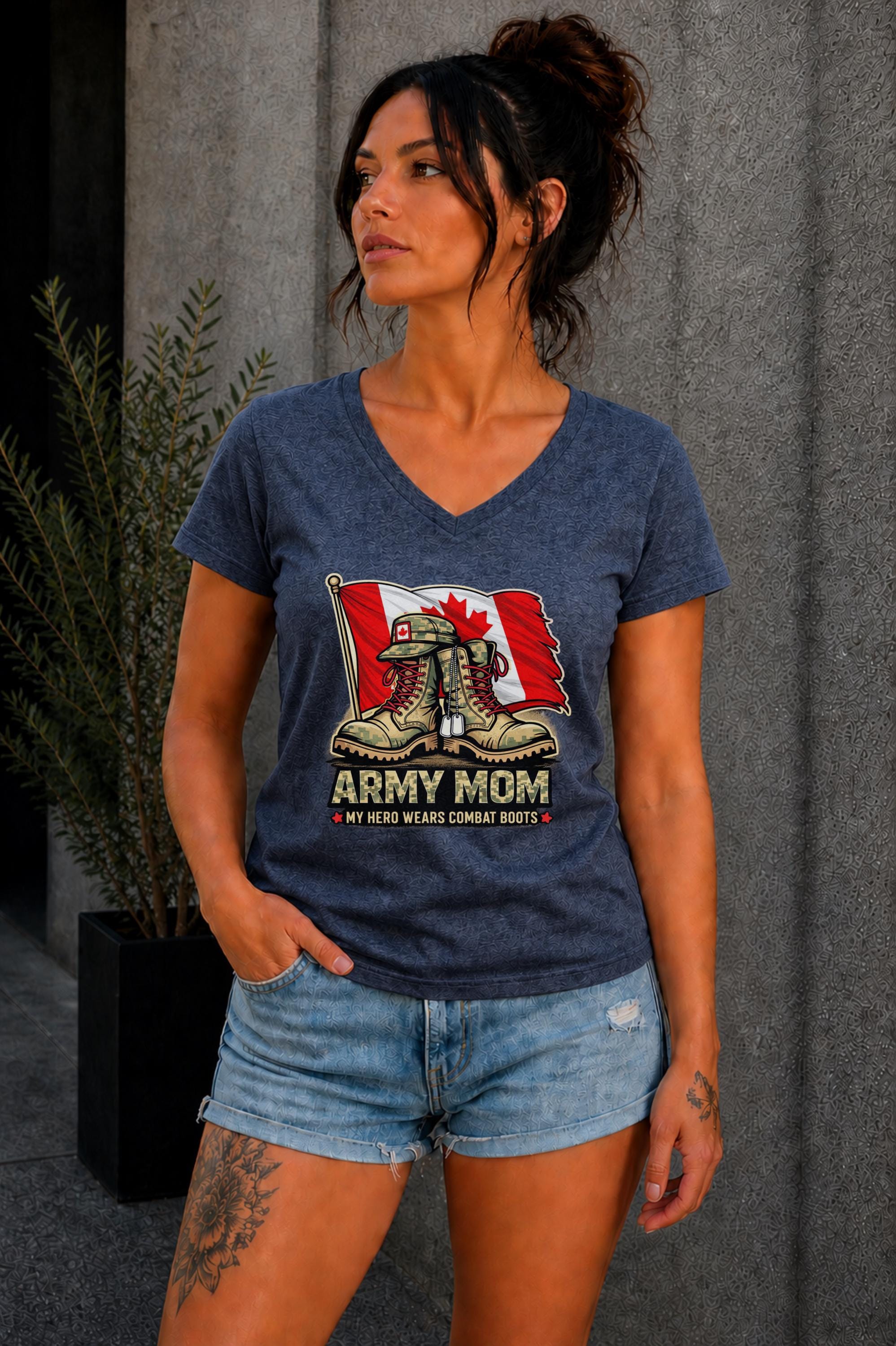 Army Mom graphic tee with military boots and Canada flag design worn outdoors, modern casual fashion look