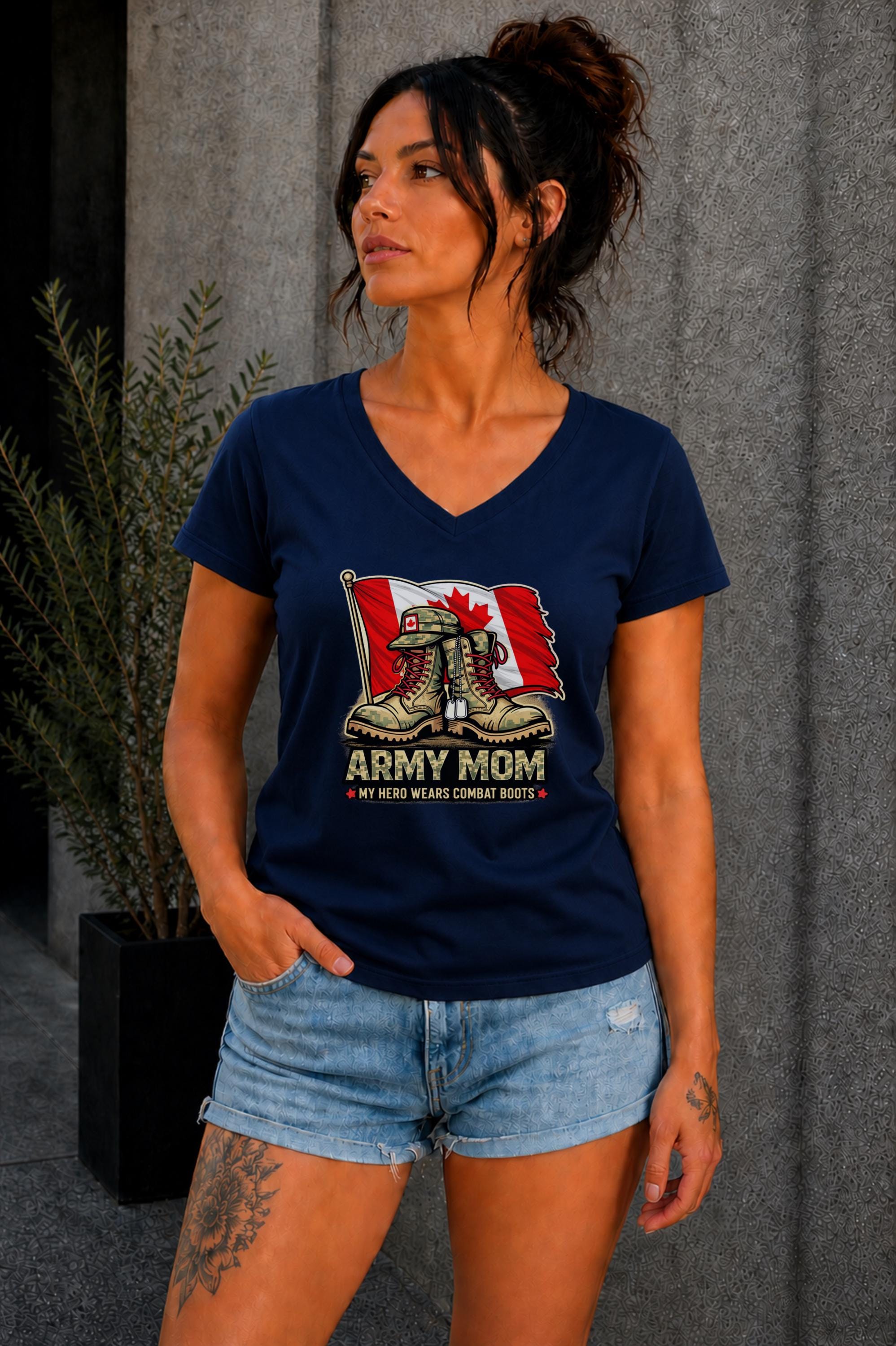 Army Mom graphic tee with military boots and Canada flag design worn outdoors, modern casual fashion look