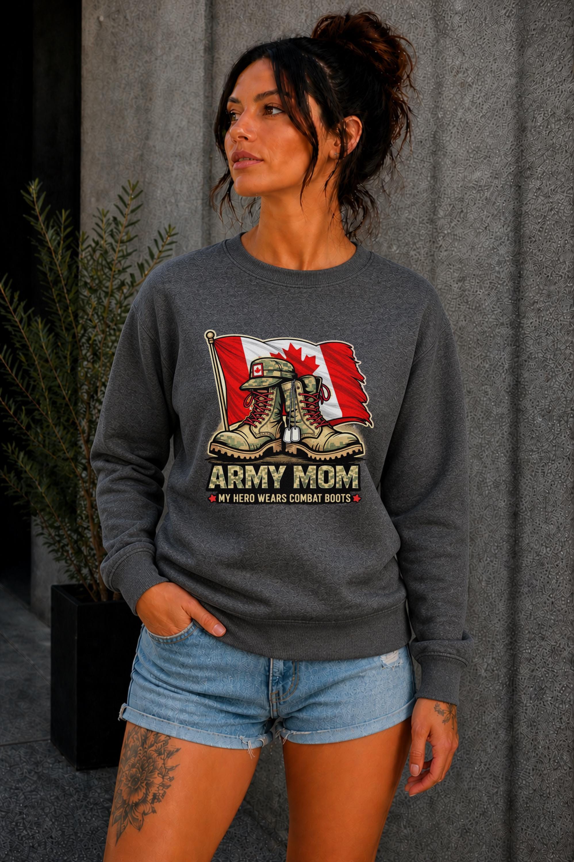 Woman wearing black crewneck sweatshirt with Army Mom design featuring combat boots and Canadian flag, patriotic military mom sweater, casual fall outfit