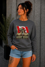 Woman wearing black crewneck sweatshirt with Army Mom design featuring combat boots and Canadian flag, patriotic military mom sweater, casual fall outfit