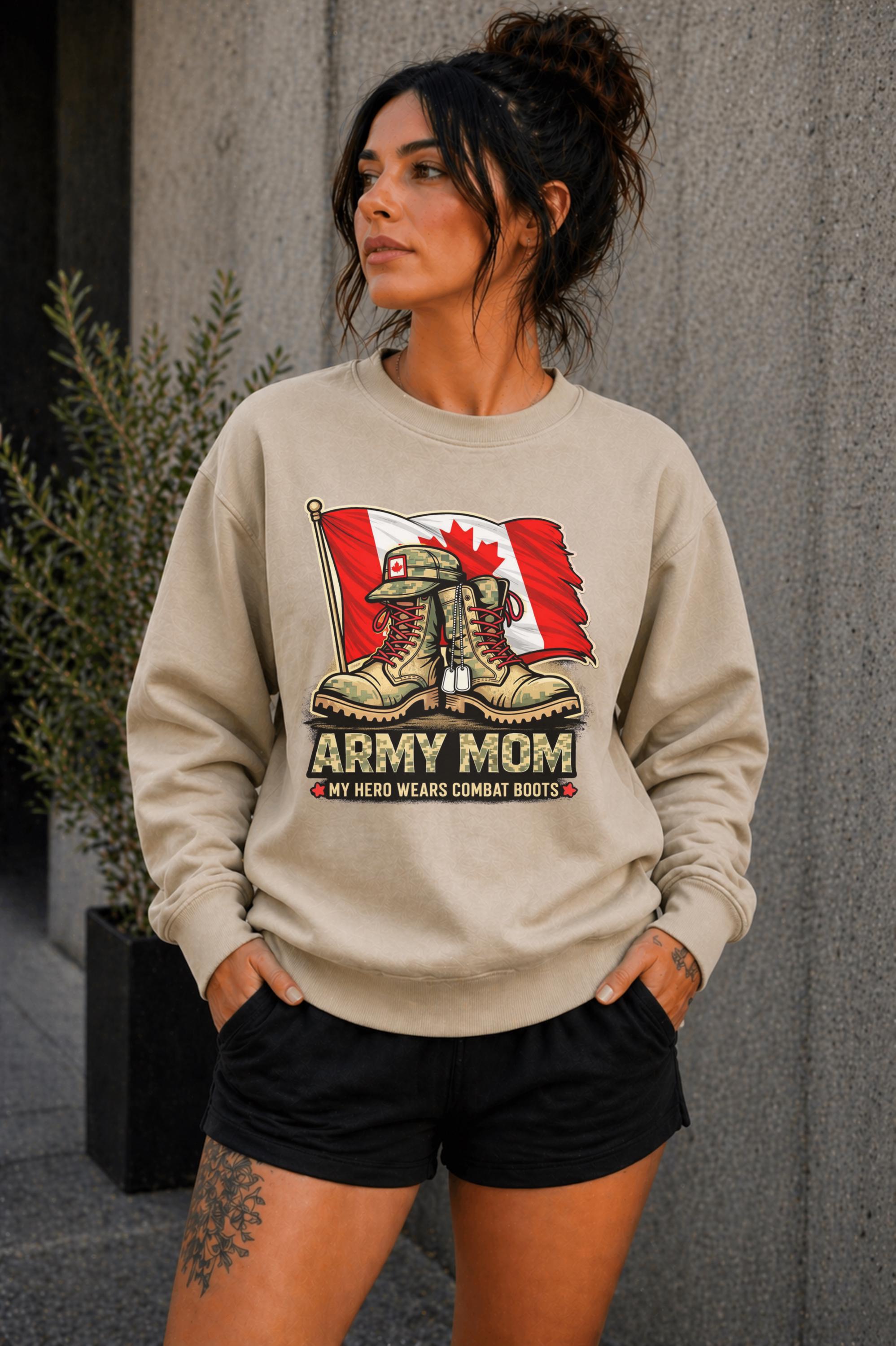 Woman wearing black crewneck sweatshirt with Army Mom design featuring combat boots and Canadian flag, patriotic military mom sweater, casual fall outfit