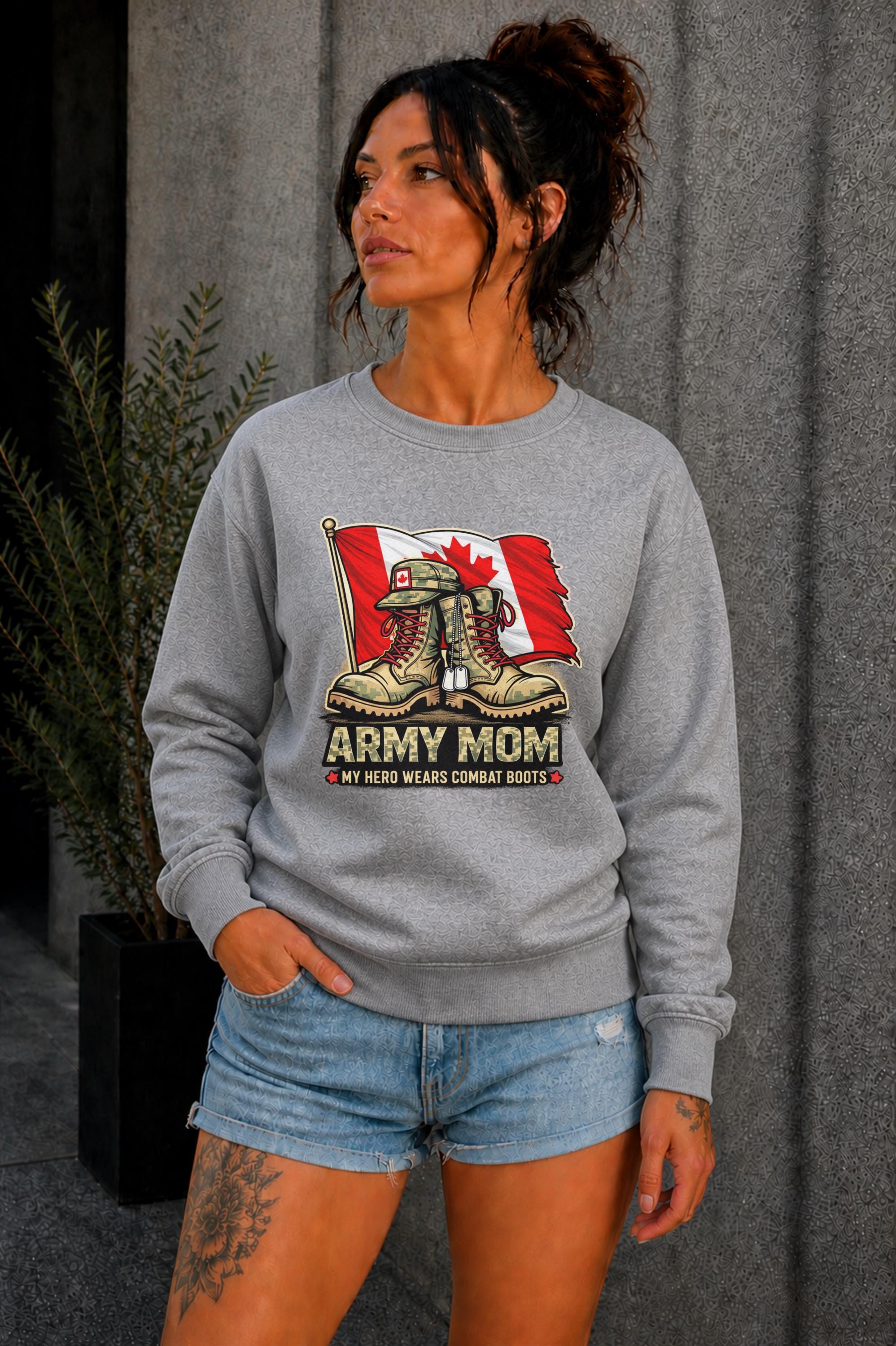 Woman wearing black crewneck sweatshirt with Army Mom design featuring combat boots and Canadian flag, patriotic military mom sweater, casual fall outfit