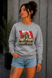 Woman wearing black crewneck sweatshirt with Army Mom design featuring combat boots and Canadian flag, patriotic military mom sweater, casual fall outfit