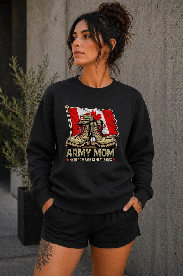 Woman wearing black crewneck sweatshirt with Army Mom design featuring combat boots and Canadian flag, patriotic military mom sweater, casual fall outfit