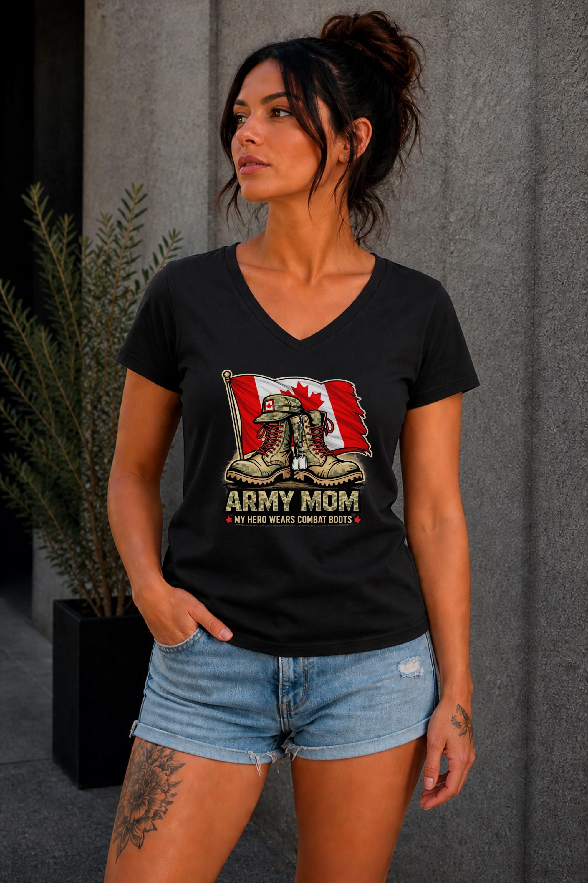 army mom shirt, military pride tee, canada flag top, combat boots art, patriotic outfit, deployment gift, support troops, service family wear, veteran support, bold graphic top, women vneck tee, casual streetwear, gift for her