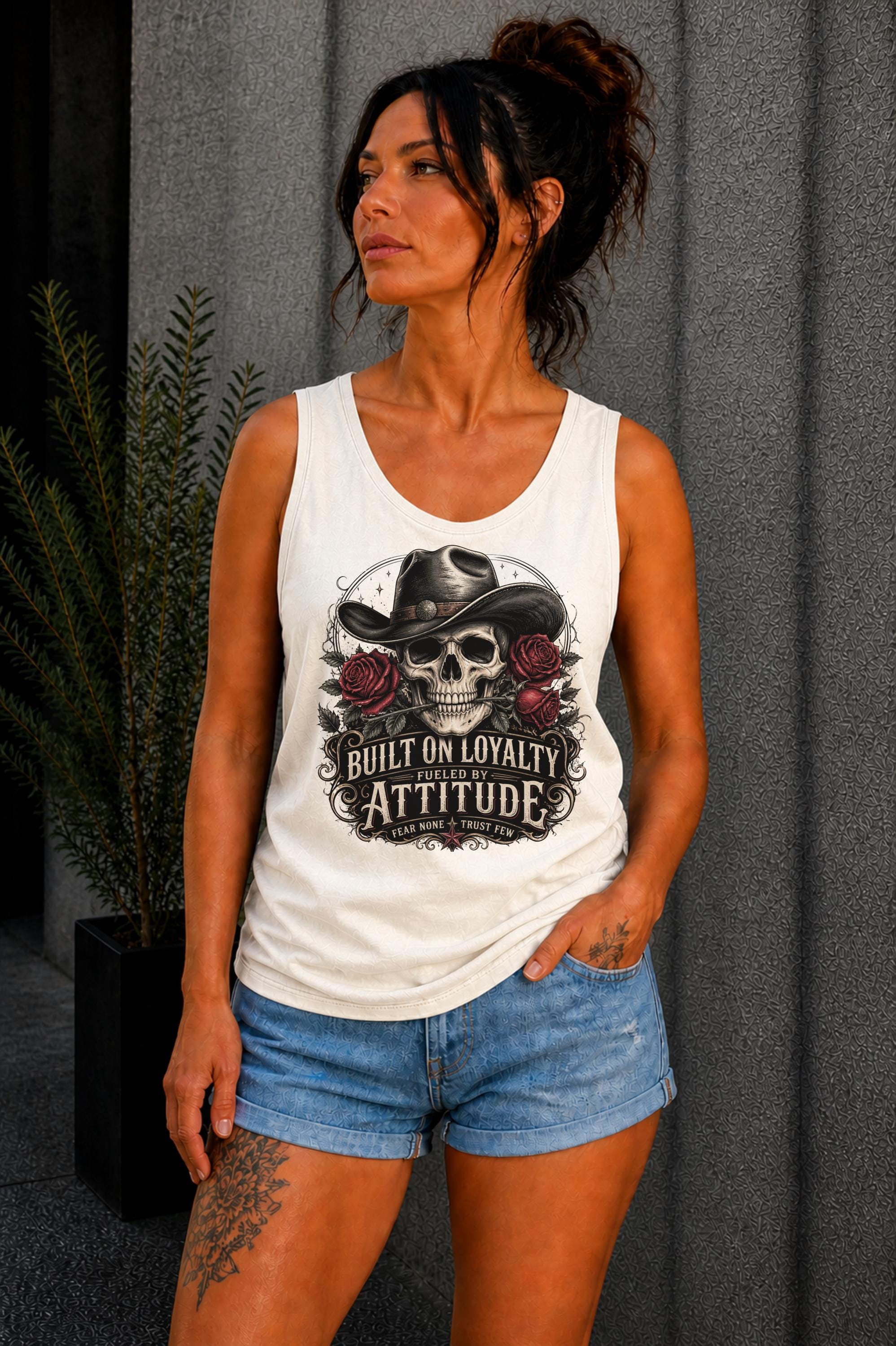 Tank-Top featuring cowboy skull with hat and red roses, Built on Loyalty Fueled by Attitude graphic, styled with edgy casual outfit