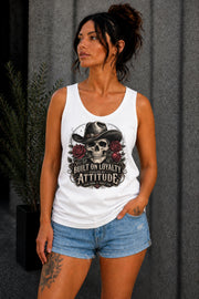 Tank-Top featuring cowboy skull with hat and red roses, Built on Loyalty Fueled by Attitude graphic, styled with edgy casual outfit