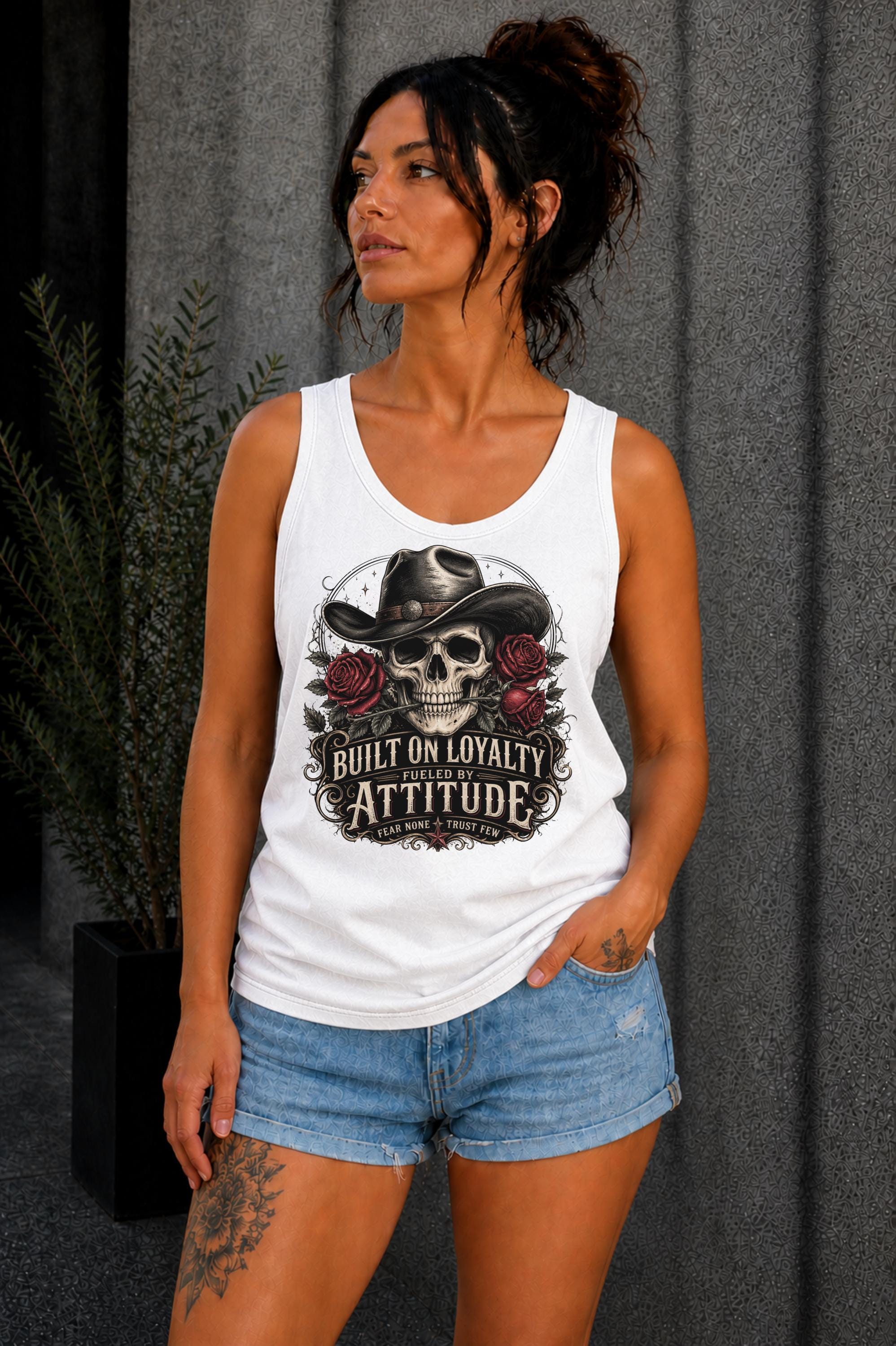 Tank-Top featuring cowboy skull with hat and red roses, Built on Loyalty Fueled by Attitude graphic, styled with edgy casual outfit