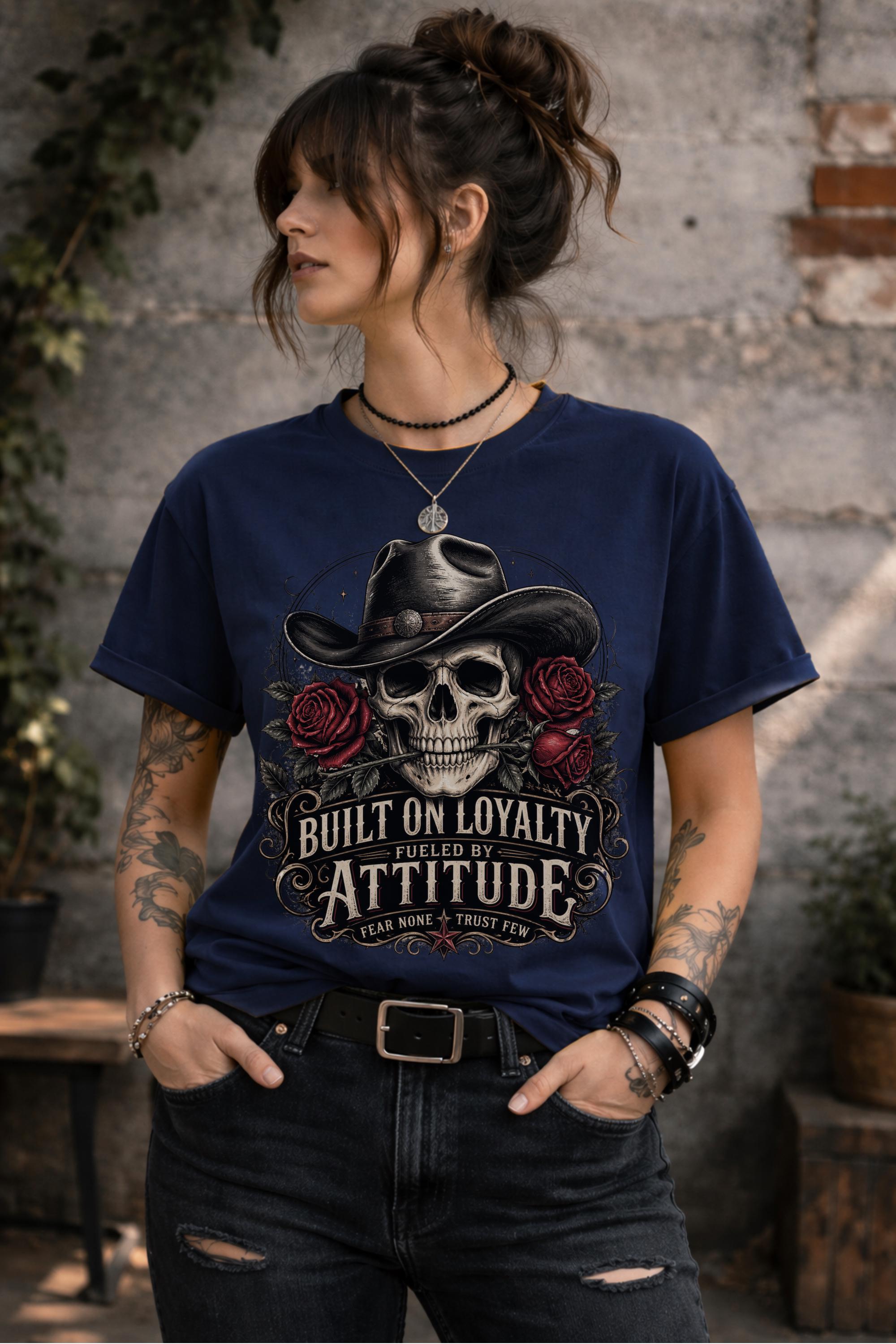 T-Shirt featuring cowboy skull with hat and red roses, Built on Loyalty Fueled by Attitude graphic, styled with edgy casual outfit
