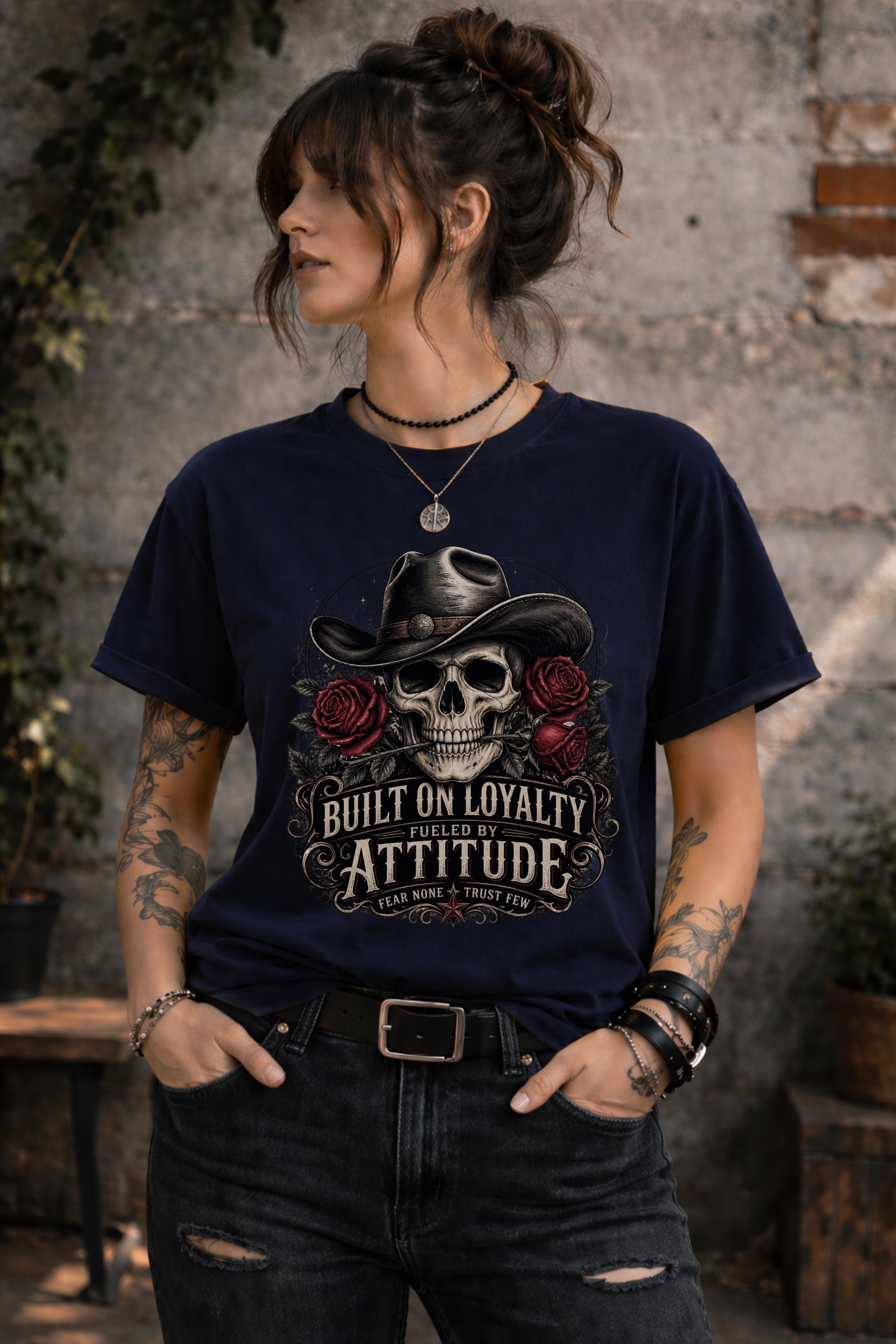 Cowboy Skull Shirt Built on Loyalty Fueled by Attitude Western Graphic Tee Gothic Biker Shirt Dark Aesthetic Outfit Gift for Her